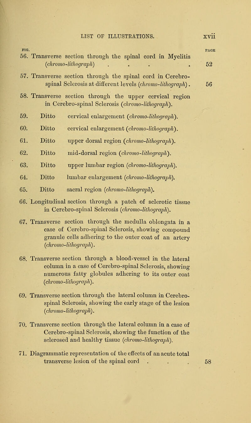 59. Ditto 60. Ditto 61. Ditto 62. Ditto 63. Ditto 64. Ditto 65. Ditto LIST OF ILLUSTRATIONS, xvii FIO. PAGE 56. Transverse section through the spinal cord in Myelitis (chromo-lithograph) ... .52 57. Transverse section through the spinal cord in Cerebro- spinal Sclerosis at different levels (chromo-lithograph). 56 58. Transverse section through the upper cervical region in Cerebro-spinal Sclerosis (chromo-lithograph). cervical enlargement (chromo-lithograph). cervical enlargement (chromo-lithograph). upper dorsal region (chromo-lithograph). mid-dorsal region (chromo-lithograph). upper lumbar region (chromo-lithograph). lumbar enlargement (chromo-lithograph). sacral region (chromo-lithograph). 66. Longitudinal section through a patch of sclerotic tissue in Cerebro-spinal Sclerosis (chromo-lithograph). 67. Transverse section through the medulla oblongata in a case of Cerebro-spinal Sclerosis, showing compound granule cells adhering to the outer coat of an artery (chromo-lithograph). 68. Transverse section through a blood-vessel in the lateral column in a case of Cerebro-spinal Sclerosis, showing numerous fatty globules adhering to its outer coat (chromo - lithograph). 69. Transverse section through the lateral column in Cerebro- spinal Sclerosis, showing the early stage of the lesion (chromo-lithograph). 70. Transverse section through the lateral column in a case of Cerebro-spinal Sclerosis, showing the function of the sclerosed and healthy tissue (chromo-lithograph). 71. Diagrammatic representation of the effects of an acute total transverse lesion of the spinal cord . . 58