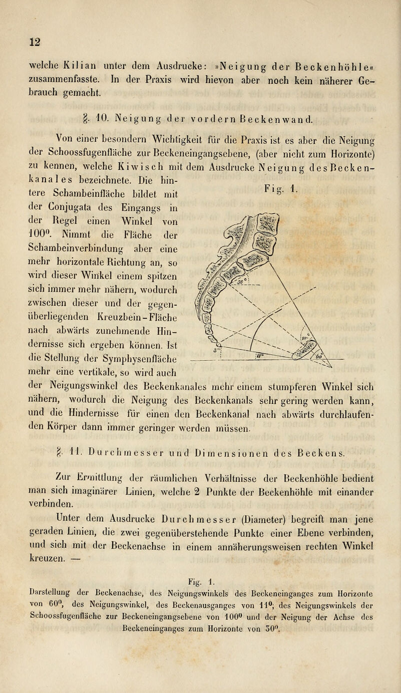 Fig. i. welche Kilian unter dem Ausdrucke: »Neigung der Beckenhöhle« zusammenfasste. In der Praxis wird hievon aber noch kein näherer Ge- brauch gemacht. §. 10. Neigung der vordernßeckenwand. Von einer besondern Wichtigkeit für die Praxis ist es aber die Neigung der Schoossfugenflache zur Beckeneingangsebene, (aber nicht zum Horizonte) zu kennen, welche Kiwisch mit dem Ausdrucke Neigung desBecken- kanales bezeichnete. Die hin- tere Schambeinfläche bildet mit der Conjugata des Eingangs in der Regel einen Winkel von iOO». Nimmt die Fläche der Schambeinverbindung aber eine mehr horizontale Richtung an, so wird dieser Winkel einem spitzen sich immer mehr nähern, wodurch zwischen dieser und der eeeen- überliegenden Kreuzbein - Fläche nach abwärts zunehmende Hin- dernisse sich ergeben können. Ist die Stellung der Symphysenfläche mehr eine vertikale, so wird auch der Neigungswinkel des Beckenkanales mehr einem stumpferen Winkel sich nähern, wodurch die Neigung des Beckenkanals sehr gering werden kann, und die Hindernisse für einen den Beckenkanal nach abwärts durchlaufen- den Körper dann immer geringer werden müssen. g. M. Durchmesser und Dimensionen des Beckens. Zur Ermittlung der räumlichen Verhältnisse der Beckenhöhle bedient man sich imaginärer Linien, welche 2 Punkte der Beckenhöhle mit einander verbinden. Unter dem Ausdrucke Durchmesser (Diameter) begreift man jene geraden Linien, die zwei gegenüberstehende Punkte einer Ebene verbinden, und sich mit der Beckenachse in einem annäherungsweisen rechten Winkel kreuzen. — Fig. 1. Darstellung der Beckenachse, des Neigungswinkels des Beckeneinganges zum Horizonte von 60^, des Neigungswinkel, des Beckenausganges von ll**; des Neigungswinkels der Schoossfugenfläche zur Beckeneingangsebene von lOO** und der Neigung der Achse des Beckeneinganges zum Horizonte von oO\