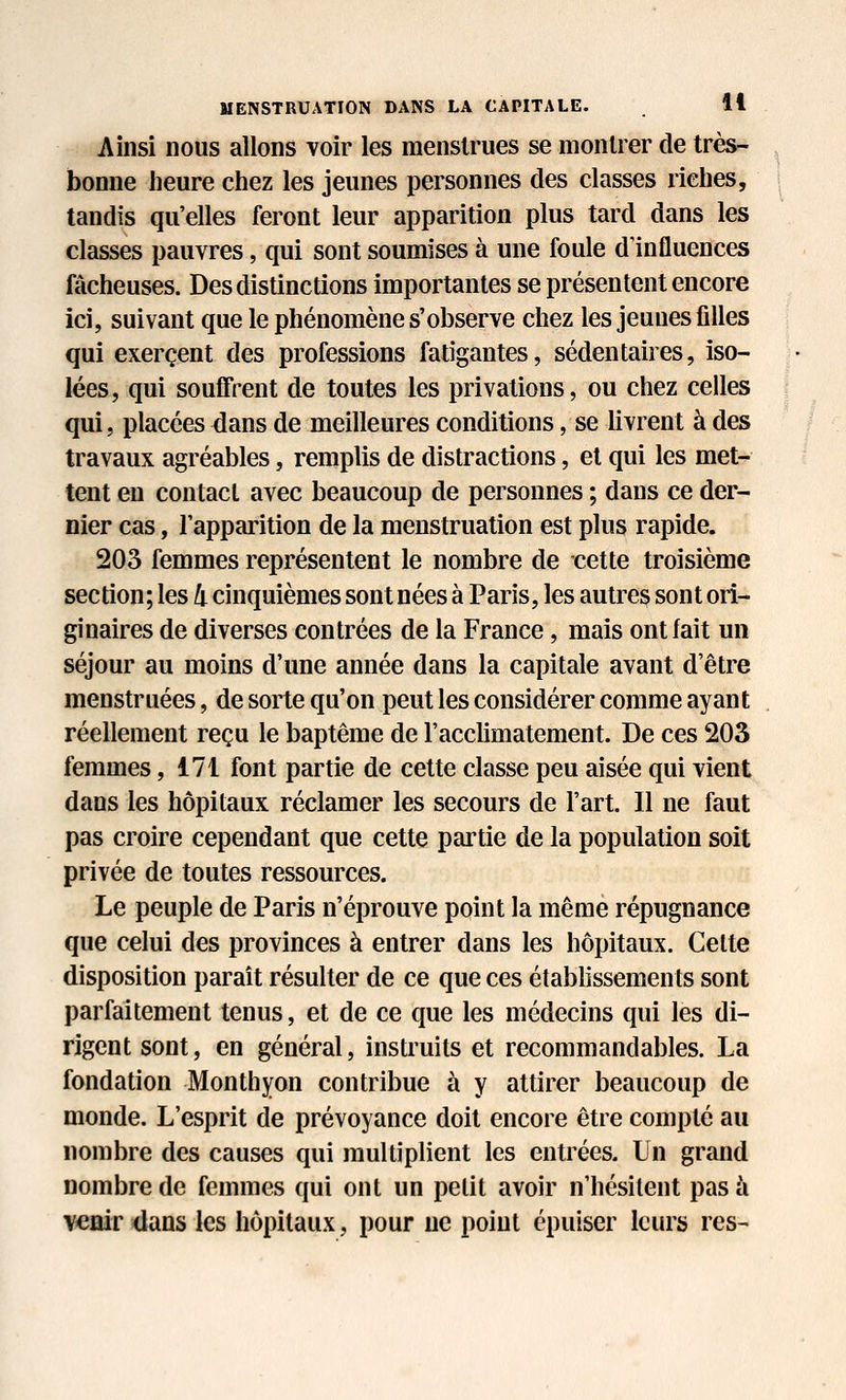 Ainsi nous allons voir les menstrues se montrer de très- bonne heure chez les jeunes personnes des classes riches, tandis qu'elles feront leur apparition plus tard dans les classes pauvres, qui sont soumises à une foule d'influences fâcheuses. Des distinctions importantes se présentent encore ici, suivant que le phénomène s'observe chez les jeunes filles qui exercent des professions fatigantes, sédentaires, iso- lées, qui souffrent de toutes les privations, ou chez celles qui, placées <ians de meilleures conditions, se livrent à des travaux agréables, remplis de distractions, et qui les met- tent en contact avec beaucoup de personnes ; dans ce der- nier cas, l'apparition de la menstruation est plus rapide. 203 femmes représentent le nombre de cette troisième section; les li cinquièmes sont nées à Paris, les autres sont ori- ginaires de diverses contrées de la France, mais ont fait un séjour au moins d'une année dans la capitale avant d'être menstruées, de sorte qu'on peut les considérer comme ayant réellement reçu le baptême de l'acclimatement. De ces 203 femmes ,171 font partie de cette classe peu aisée qui vient dans les hôpitaux réclamer les secours de l'art. 11 ne faut pas croire cependant que cette partie de la population soit privée de toutes ressources. Le peuple de Paris n'éprouve point la même répugnance que celui des provinces à entrer dans les hôpitaux. Celte disposition paraît résulter de ce que ces établissements sont parfaitement tenus, et de ce que les médecins qui les di- rigent sont, en général, instruits et recommandables. La fondation Monthyon contribue à y attirer beaucoup de monde. L'esprit de prévoyance doit encore être compté au nombre des causes qui multiplient les entrées. Un grand nombre de femmes qui ont un petit avoir n'hésilent pas à venir dans les hôpitaux, pour ne point épuiser leurs res-