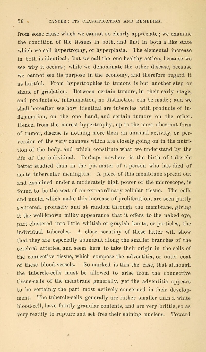 from some cause which we cannot so clearlj' appi^eciate; we examine the condition of the tissues in both, and find in both a like state which we call hypertroph}^, or hyperplasia. The elemental increase in both is identical; but we call the one healthy action, because we see why it occurs ; while we denominate the other disease, because we cannot see its purpose in the economy, and therefore regard it as hurtful. From hj-pertrophies to tumors is but another step or shade of gradation. Between certain tumors, in their early stage, and products of inflammation, no distinction can be made; and we shall hereafter see how identical are tubercles with products of in- flammation, on the one hand, and certain tumors on the other. Hence, from the merest hypertroph}^, up to the most aberrant form of tumor, disease is nothing more than an unusual activity, or per- version of the very changes which are closely going on in the nutri- tion of the body, and which constitute what we understand by the life of the individual. Perhaps nowhere is the birth of tubercle better studied than in the pia mater of a person who has died of acute tubercular meningitis. A piece of this membrane spread out and examined under a moderately high power of the microscope, is found to be the seat of an extraordinary cellular tissue. The cells and nuclei which make this increase of proliferation, are seen partly scattered, profusely and at random through the membrane, giving it the well-known milkj^ appearance that it ofi'ers to the naked eye, part clustered into little whitish or grayish knots, or particles, the individual tubercles. A close scrutiny of these latter will show that they are especially abundant along the smaller branches of the cerebral arteries, and seem here to take their origin in the cells of the connective tissue, which compose the adventitia, or outer coat of these blood-vessels. So marked is this the case, that although the tubercle-cells must be allowed to arise from the connective tissue-cells of the membrane generallj^, yet the adventitia appears to be certainly the part most actively concerned in their develop- ment. The tubercle-cells generally are rather smaller than a white blood-cell, have faintly granular contents, and are very brittle, so as very readil}'- to rupture and set free their shining nucleus. Toward