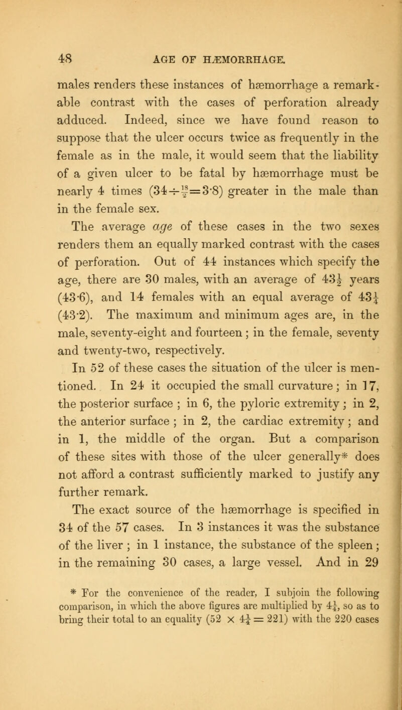 males renders these instances of haemorrhage a remark- able contrast with the cases of perforation already adduced. Indeed, since we have found reason to suppose that the ulcer occurs twice as frequently in the female as in the male, it would seem that the liability of a given ulcer to be fatal by haemorrhage must be nearly 4 times (34-i-^=3'8) greater in the male than in the female sex. The average age of these cases in the two sexes renders them an equally marked contrast with the cases of perforation. Out of 44 instances which specify the age, there are 30 males, with an average of 43J years (43*6), and 14 females with an equal average of 43\ (43*2). The maximum and minimum ages are, in the male, seventy-eight and fourteen ; in the female, seventy and twenty-two, respectively. In 52 of these cases the situation of the ulcer is men- tioned. In 24 it occupied the small curvature; in ] 7, the posterior surface ; in 6, the pyloric extremity ; in 2, the anterior surface ; in 2, the cardiac extremity; and in 1, the middle of the organ. But a comparison of these sites with those of the ulcer generally* does not afford a contrast sufficiently marked to justify any further remark. The exact source of the haemorrhage is specified in 34 of the 57 cases. In 3 instances it was the substance of the liver ; in 1 instance, the substance of the spleen; in the remaining 30 cases, a large vessel. And in 29 * For the convenience of the reader, I subjoin the following comparison, in which the above figures are multiplied by 4^, so as to bring their total to an equality (52 x 4£ = 221) with the 220 cases