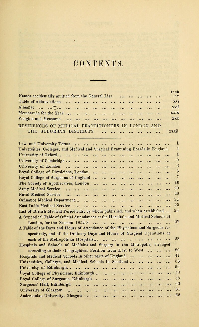 CONTENTS. PAGE Names accidentally omitted from the General List xv Table of Abbreviations xvi Almanac ^'' xvii Memoranda for tbe Year ... xxix Weights and Measures xxx RESIDENCES OF MEDICAL PEACTITIONEES IN LONDON AND THE SUBUEBAN DISTEICTS xxxii Law and University Tenns 1 Universities, Colleges, and Medical and Surgical Examining Boards iu England 1 University of Oxford , 1 University of Cambridge ^ University of London <) Eoyal College of Physicians, London 6 Eoyal College of Surgeons of England ^ The Society of Apothecaries, London 1^ Army Medical Service 20 Naval Medical Service 22 Ordnance Medical Department , ~- East India Medical Service 25 List of British Medical Periodicals, by whom published, and when established ... 20 A Synoptical Table of Official Attendances at the Hospitals and Medical Schools of London, for the Session 1852-3 27 A Table of the Days and Hours of Attendance of the Physicians and Surgeons re- spectively, and of the Ordinary Days and Hours of Surgical Operations at each of the Metropolitan Hospitals 28 Hospitals and Schools of Medicine and Surgery in the Metropolis, arranged according to their Geographical Position from East to West 2'.) Hospitals and Medical Schools in other parts of England 47 Universities, Colleges, and Medical Schools in Scotland 56 University of Edinburgh 50 I^oyal College of Physicians, Edinburgh 58 Roynl College of Surgeons, Edinburgh 58 Surgeons'Hall, Edinburgh GO University of Glasgow GI Andersoniau University, Glasgow ^2