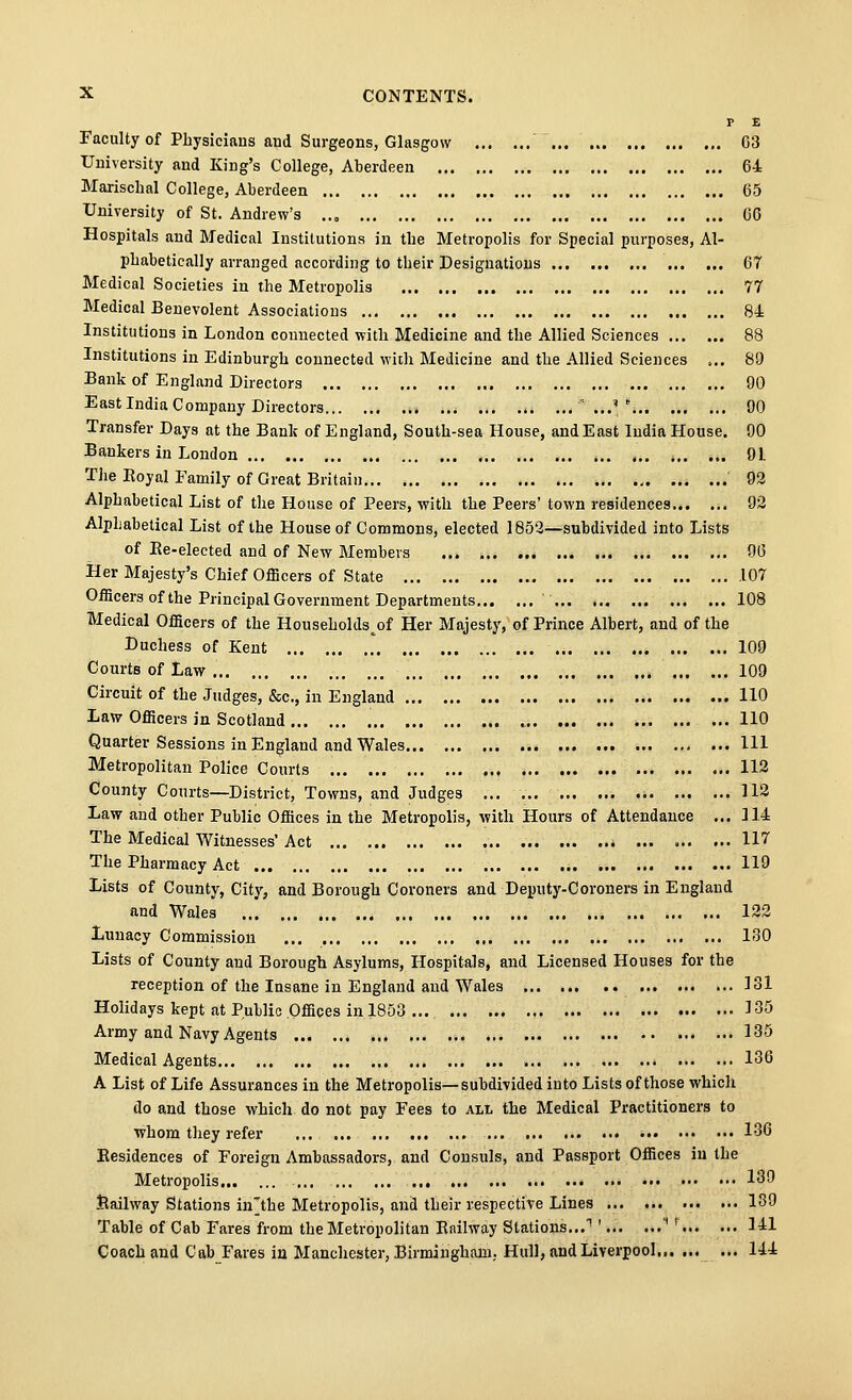 P E Faculty of Physicians and Surgeons, Glasgow 03 University and King's College, Aberdeen 64 Marischal College, Aberdeen 65 University of St. Andrew's .., 66 Hospitals and Medical Institutions iu the Metropolis for Special purposes, Al- phabetically arranged according to their Designations 67 Medical Societies in the Metropolis 77 Medical Benevolent Associations 84 Institutions in London connected with Medicine and the Allied Sciences 88 Institutions in Edinburgh connected with Medicine and the Allied Sciences =.. 89 Bank of England Directors 90 East India Company Directors .,i '.,.'' 90 Transfer Days at the Bank of England, South-sea House, and East India House. 90 Bankers in London 91 The Eoyal Family of Great Britain 92 Alphabetical List of the House of Peers, with the Peers' town residences. 92 Alphabetical List of the House of Commons, elected 1852—subdivided into Lists of Ee-elected and of New Members 90 Her Majesty's Chief Officers of State 107 Officers of the Principal Government Departments 108 Medical Officers of the Households^of Her Majesty, of Prince Albert, and of the Duchess of Kent 109 Courts of Law 109 Circuit of the Judges, &c., in England 110 Law Officers in Scotland 110 Quarter Sessions in England and Wales HI Metropolitan Police Courts 112 County Courts—District, Towns, and Judges i 112 Law and other Public Offices in the Metropolis, with Hours of Attendance ... 114 The Medical Witnesses' Act 117 The Pharmacy Act 110 Lists of County, City, and Borough Coroners and Deputy-Coroners in England and Wales 122 jLnnacy Commission 130 Lists of County and Borough Asylums, Hospitals, and Licensed Houses for the reception of the Insane in England and Wales 131 Holidays kept at Public Offices in 1853 ... 135 Army and Navy Agents 135 Medical Agents • 136 A List of Life Assurances in the Metropolis—subdivided into Lists of those which do and those which do not pay Fees to all the Medical Practitioners to whom they refer 136 Eesidences of Foreign Ambassadors, and Consuls, and Passport Offices in the Metropolis 139 Jlailway Stations in'the Metropolis, and their respective Lines 139 Table of Cab Fares from the Metropolitan Railway Stations... ■* ^ 141 Coach and Cab Fares in Manchester, Birmingham, Hull, and Liverpool ... 144