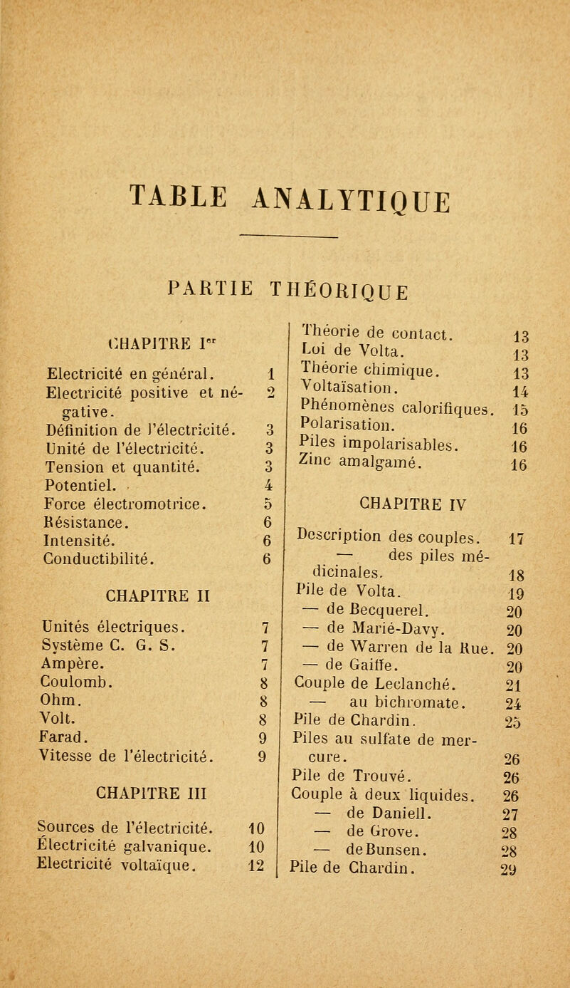 TABLE ANALYTIQUE PARTIE THÉORIQUE CHAPITRE I Théorie de contact. Loi de Volta. 13 13 Electricité en général. 1 Théorie chimique. ■\7 1 . .. . 13 Electricité positive et né- 2 Voltaisation. 14 gative. Phénomènes calorifiques. 15 Définition de l'électricité. 3 Polarisation. 16 Unité de l'électricité. 3 Piles impolarisables. T 1 16 Tension et quantité. 3 Zmc amalgamé. 16 Potentiel. 4 Force électromotrice. 5 CHAPITRE IV Résistance. 6 Intensité. 6 Description des couples. 17 Conductibilité. 6 — des piles mé- dicinales. 18 CHAPITRE II Pile de Volta. 19 — de Becquerel. 20 Unités électriques. 7 — de Marié-Davy. 20 Système C. G. S. 7 — de Warren de la Rue. 20 Ampère. 7 — de Gaifïe. 20 Coulomb. 8 Couple de Leclanché. 21 Ohm. 8 — au bichromate. 24 Volt. 8 Pile de Chardin. 25 Farad. 9 Piles au sulfate de mer- Vitesse de l'électricité. 9 cure. 26 Pile de Trouvé. 26 CHAPITRE III Couple à deux liquides. 26 — de Daniell. 27 Sources de l'électricité. 10 — de Grove. 28 Électricité galvanique. 10 — de Bunsen. 28 Electricité voltaïque. 12 Pile de Chardin. 29