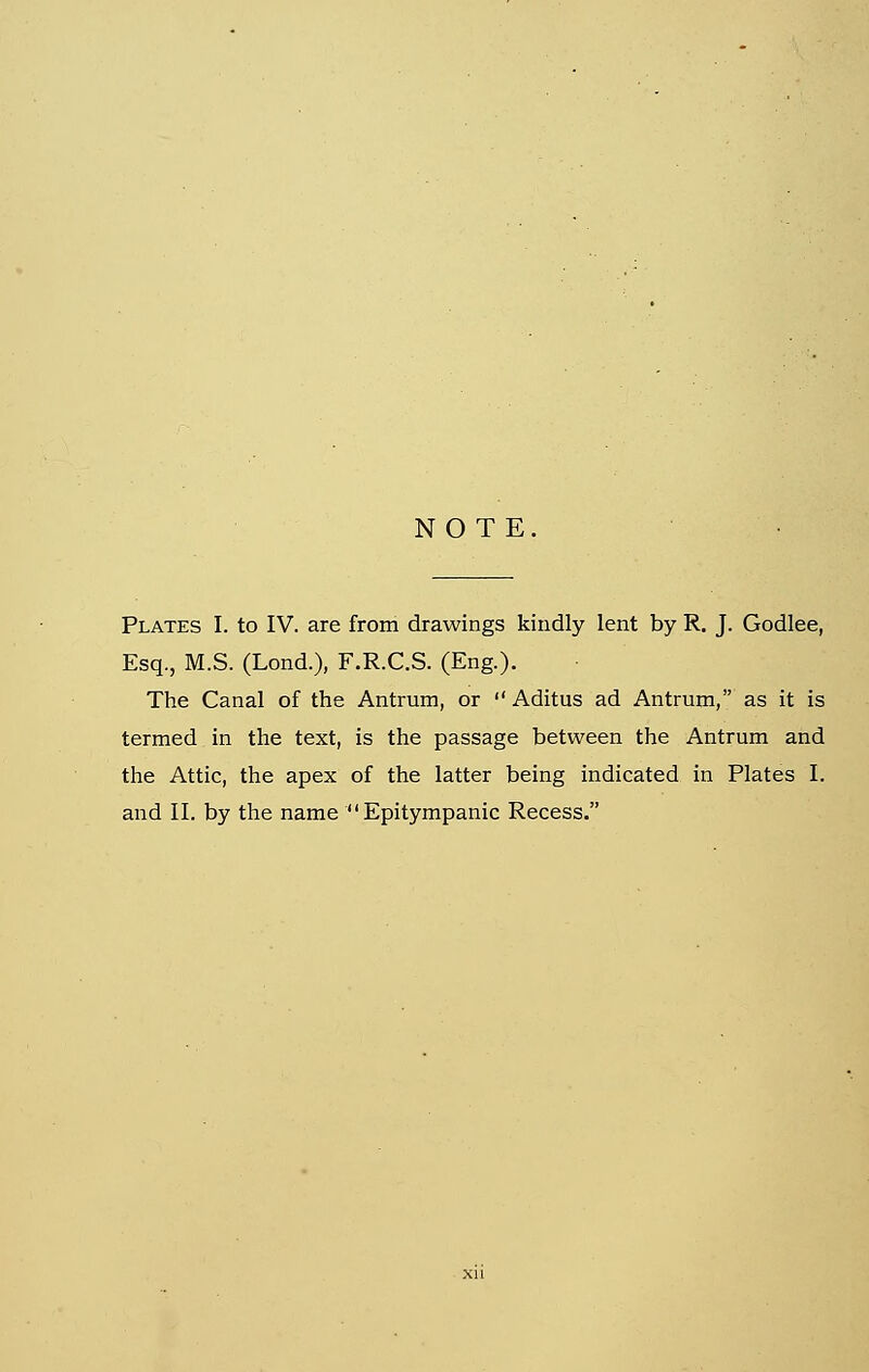 NOTE. Plates I. to IV. are from drawings kindly lent by R. J. Godlee, Esq., M.S. (Lond.), F.R.C.S. (Eng.). The Canal of the Antrum, or  Aditus ad Antrum, as it is termed in the text, is the passage between the Antrum and the Attic, the apex of the latter being indicated in Plates I. and IL by the name Epitympanic Recess.