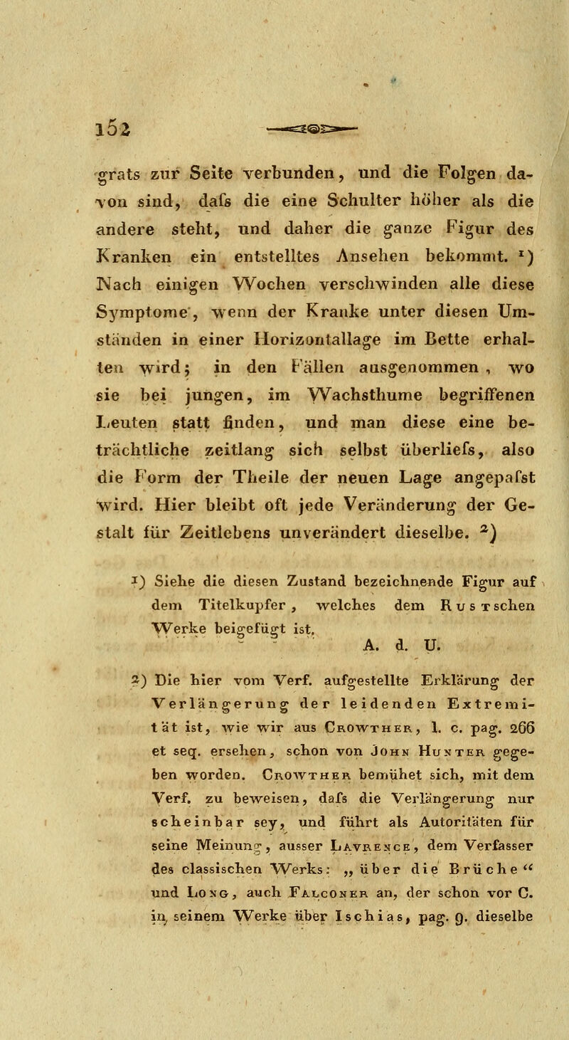 grats zur Seite verbunden, und die Folgen da- von sind, dafs die eine Schulter höher als die andere steht, und daher die ganze Figur des Kranken ein entstelltes Ansehen bekommt. *) Nach einigen Wochen verschwinden alle diese Symptome, wenn der Kranke unter diesen Um- ständen in einer Horizontallage im Bette erhal- ten wird; in den Fällen ausgenommen , wo sie bei jungen, im Wachsthume begriffenen licuten statt finden, und man diese eine be- trächtliche Zeitlang sich selbst überliefs, also die Form der Theile der neuen Lage angepafst wird. Hier bleibt oft jede Veränderung der Ge- stalt für Zeitlebens unverändert dieselbe. ^) I) Siehe die diesen Zustand bezeichnende Figur auf dem Titelkupfer, welches dem RusTschen Werke beigefügt ist, - - ■ A. d. U. Ä) Die hier vom Verf. aufgestellte Erklärung der Verlängerung der leidenden Extremi- tät ist, wie wir aus Crowther, 1. c. pag. 266 et seq. ersehen, schon von John Hu st er gege- ben worden. CrOvvther bemühet sich, mit dem Verf. zu beweisen, dafs die Verlängerung nur scheinbar sey, und führt als Autoritäten für seine Meinung, ausser Lavrejice, dem Verfasser des classischen Werks: „über die Brüche*' und Long, auch Eal,coner an, der schon vor C. in^ seinem Werke über Ischias, pag. g. dieselbe