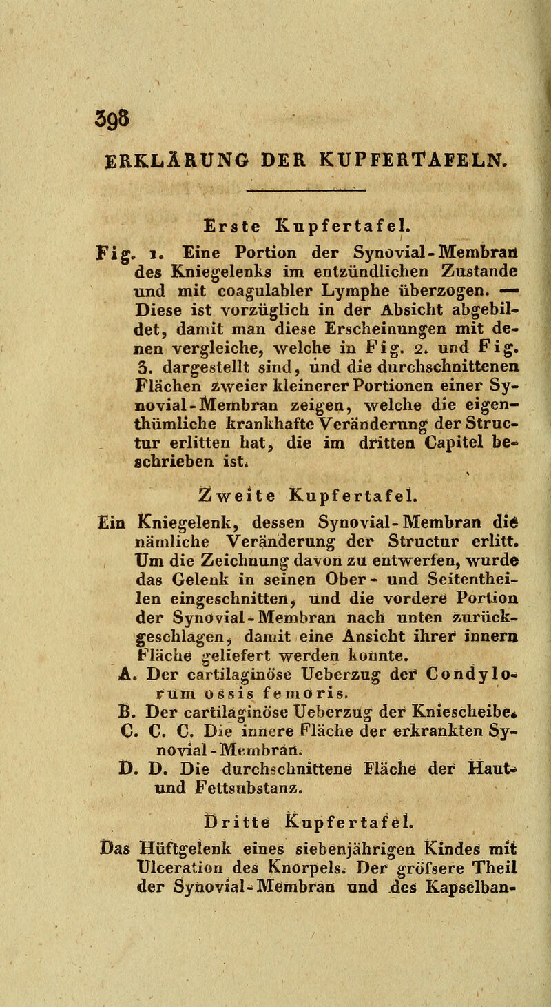 395 ERKLÄRUNG DER KUPFERTAFELN. Erste Kupfertafel. Fig. 1. Eine Portion der Synovial - Membran des Kniegelenks im entzündlichen Zustande und mit coagulabler Lymphe überzogen. — Diese ist vorzüglich in der Absicht abgebil- det, damit man diese Erscheinungen mit de- nen vergleiche, welche in Fig. 2* und Fig. 3. dargestellt sind, und die durchschnitteneu Flächen zweier kleinerer Portionen einer Sy- novial - Membran zeigen, welche die eigen- thümliche krankhafte Veränderung der Struc- tur erlitten hat, die im dritten Capitel be- schrieben ist« 2iweite Kupfertafel. Ein Kniegelenk, dessen Synovial-Membran di* nämliche Veränderung der Structur erlitt. Um die Zeichnung davon zu entwerfen, wurde das Gelenk in seinen Ober- und Seitenthei- len eingeschnitten, und die vordere Portion der Synovial-Membran nach unten zurück- geschlagen, damit eine Ansicht ihrei* innem Fläche geliefert werden konnte. A. Der cartilaginöse Ueberzug der* Condylo- rum ossis femoris, B. Der cartilaginöse Ueberzug der Kniescheibe* C. C. C. Die innere Fläche der erkrankten Sy- novial - Membran^ D. D. Die durchschnittene Fläche der* Haut-» und Fettsubstanz. Öritte Kupfertafel. Das Hüftgelenk eines siebenjährigen Kindes mit Ulceration des Knorpels^ Der gröfsere Theil der Synovial-Mämbrän und des Kapselban-