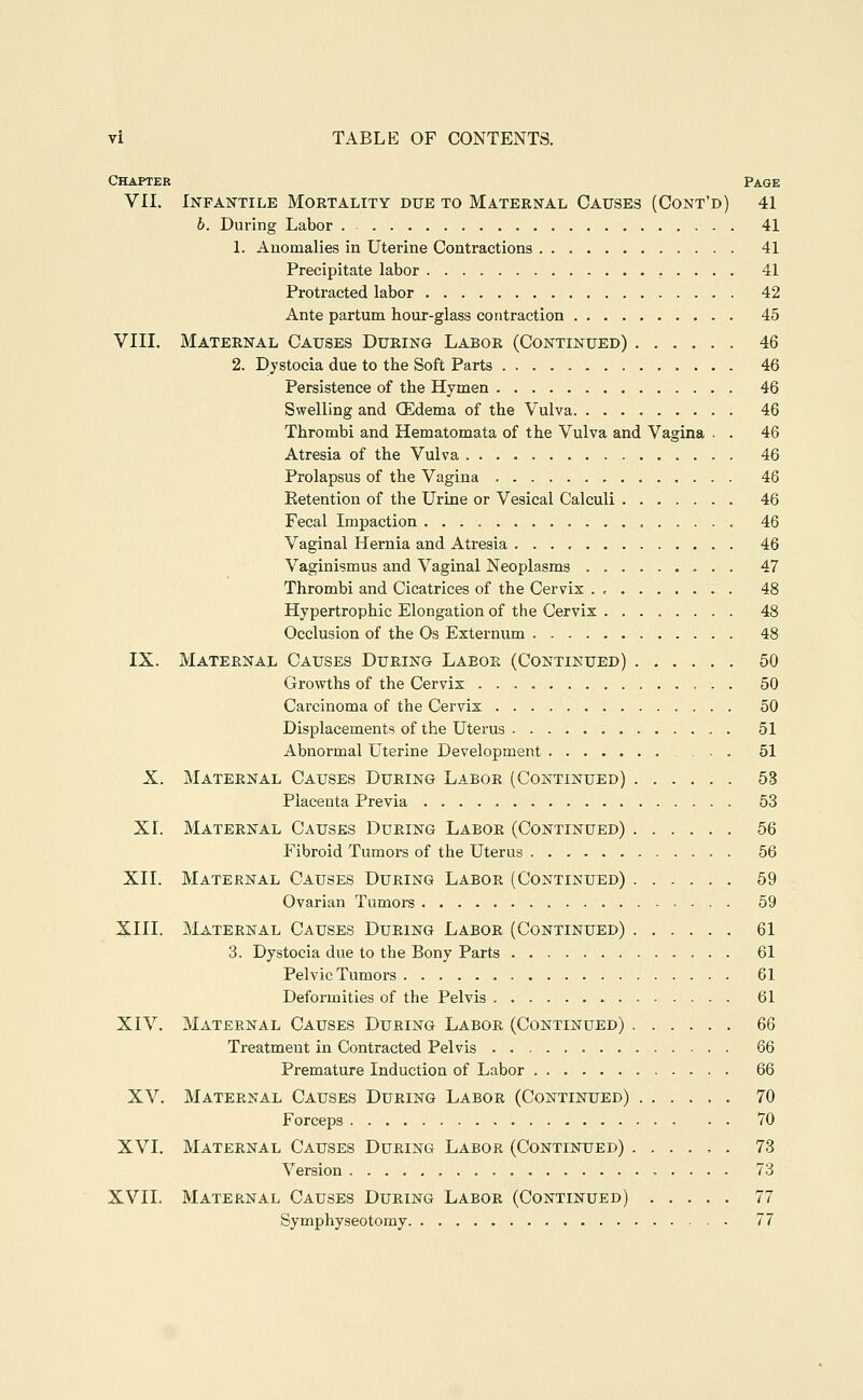 Chapter Page VII. Infantile Mortality due to Maternal Causes (Cont'd) 41 b. During Labor . 41 1. Anomalies in Uterine Contractions 41 Precipitate labor 41 Protracted labor 42 Ante partum hour-glass contraction 45 VIII. Maternal Causes During Labor (Continued) 46 2. Dystocia due to the Soft Parts 46 Persistence of the Hymen 46 Swelling and Qidema of the Vulva 46 Thrombi and Hematomata of the Vulva and Vagina . . 46 Atresia of the Vulva 46 Prolapsus of the Vagina 46 Retention of the Urine or Vesical Calculi 46 Fecal Impaction , 46 Vaginal Hernia and Atresia 46 Vaginismus and Vaginal Neoplasms 47 Thrombi and Cicatrices of the Cervix . , 48 Hypertrophic Elongation of the Cervix 48 Occlusion of the Os Externum 48 IX. Maternal Causes During Labor (Continued) 50 Growths of the Cervix 50 Carcinoma of the Cervix 50 Displacements of the Uterus 51 Abnormal Uterine Development ... 51 X. Maternal Causes During Labor (Continued) 53 Placenta Previa 53 XI. Maternal Causes During Labor (Continued) 56 Fibroid Tumore of the Uterus 56 XII. Maternal Causes During Labor (Continued) 69 Ovarian Tumoi's 59 XIII. Maternal Causes During Labor (Continued) 61 3. Dystocia due to the Bony Parts 61 Pelvic Tumors 61 Deformities of the Pelvis . 61 XIV. Maternal Causes During Labor (Continued) 66 Treatment in Contracted Pelvis 66 Premature Induction of Labor 66 XV. Maternal Causes During Labor (Continued) 70 Forceps 70 XVI. Maternal Causes During Labor (Continued) ...... 73 Version 73 XVII. Maternal Causes During Labor (Continued) 77 Symphyseotomy 77