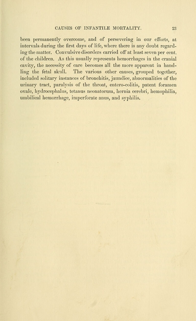 been permanently overcome, and of persevering in our efforts, at intervals during the first days of life, where there is any doubt regard- ing the matter. Convulsive disorders carried off at least seven per cent, of the children. As this usually represents hemorrhages in the cranial cavity, the necessity of care becomes all the more apparent in hand- ling the fetal skull. The various other causes, grouped together, included solitary instances of bronchitis, jaundice, abuormalities of the urinary tract, paralysis of the throat, entero-colitis, patent foramen ovale, hydrocephalus, tetanus neonatorum, hernia cerebri, hemophilia, umbilical hemorrhage, imperforate anus, and syphilis.