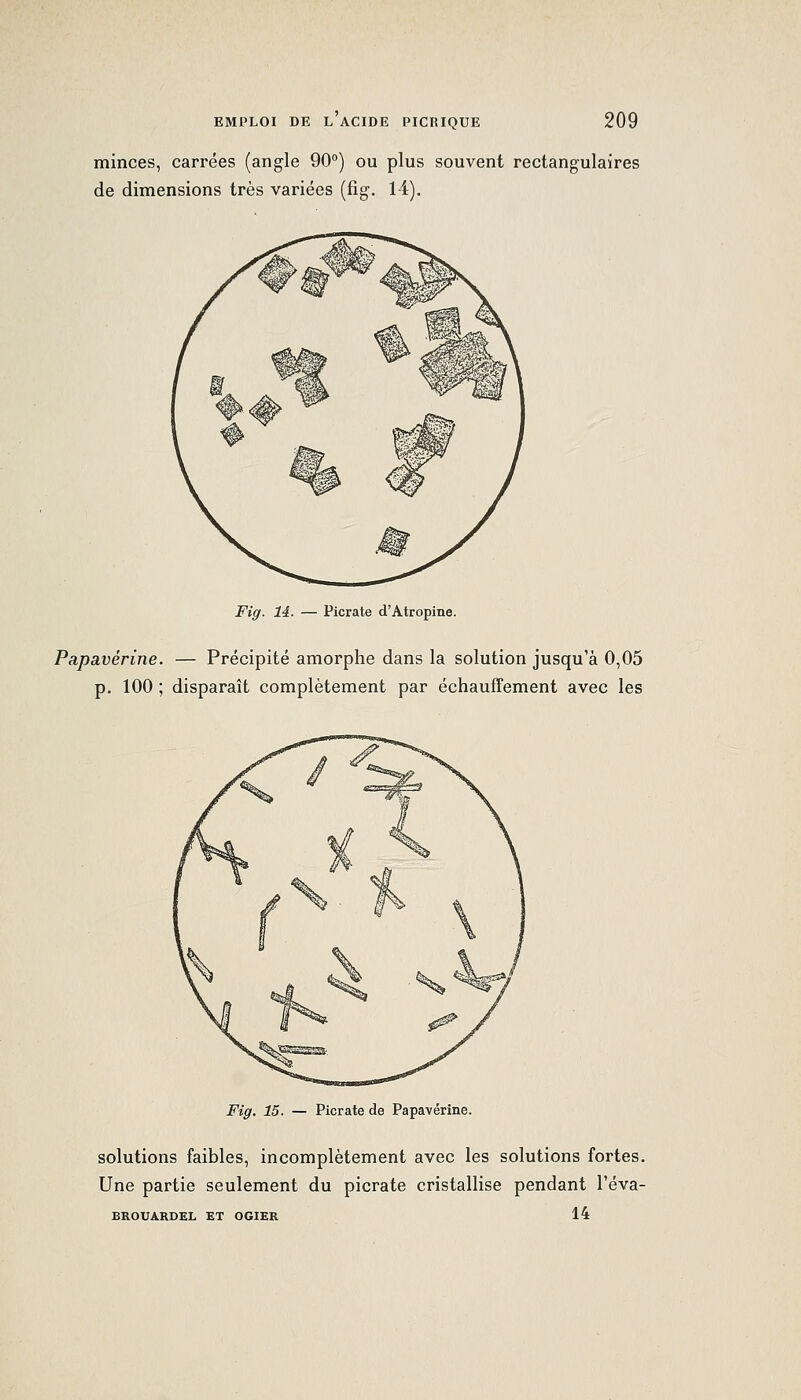 minces, carrées (angle 90) ou plus souvent rectangulaires de dimensions très variées (fig. 14). Fig. 14. — Picrate d'Atropine. Papavérine. — Précipité amorphe dans la solution jusqu'à 0,05 p. 100 ; disparaît complètement par échaufïement avec les Fig, 15. — Picrate c solutions faibles, incomplètement avec les solutions fortes. Une partie seulement du picrate cristallise pendant l'éva- BROUARDEL ET OGIER 14