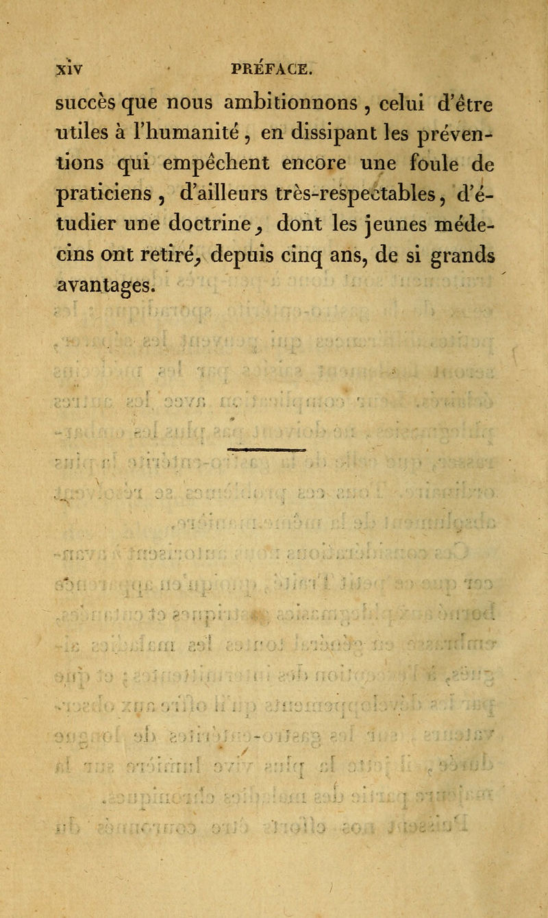 succès que nous ambitionnons , celui d'être utiles à l'humanité , en dissipant les préven- tions qui empêchent encore une foule de praticiens, d'ailleurs très-respectables, d'é- tudier une doctrine j dont les jeunes méde- cins ont retiré, depuis cinq ans, de si grands avantages.
