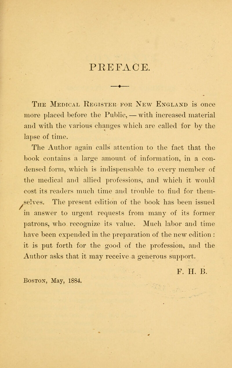 PREFACE. The Medical Register for New England is once more placed before the Public, — with increased material and with the various changes which are called for by the lapse of time. The Author again calls attention to the fact that the book contains a large amount of information, in a con- densed form, which is indispensable to every member of the medical and allied professions, and which it would cost its readers much time and trouble to find for them- selves. The present edition of the book has been issued in answer to urgent requests from many of its former patrons, who recognize its value. Much labor and time have been expended in the preparation of the new edition : it is put forth for the good of the profession, and the Author asks that it may receive a generous support. F. H. B. Boston, May, 1884.