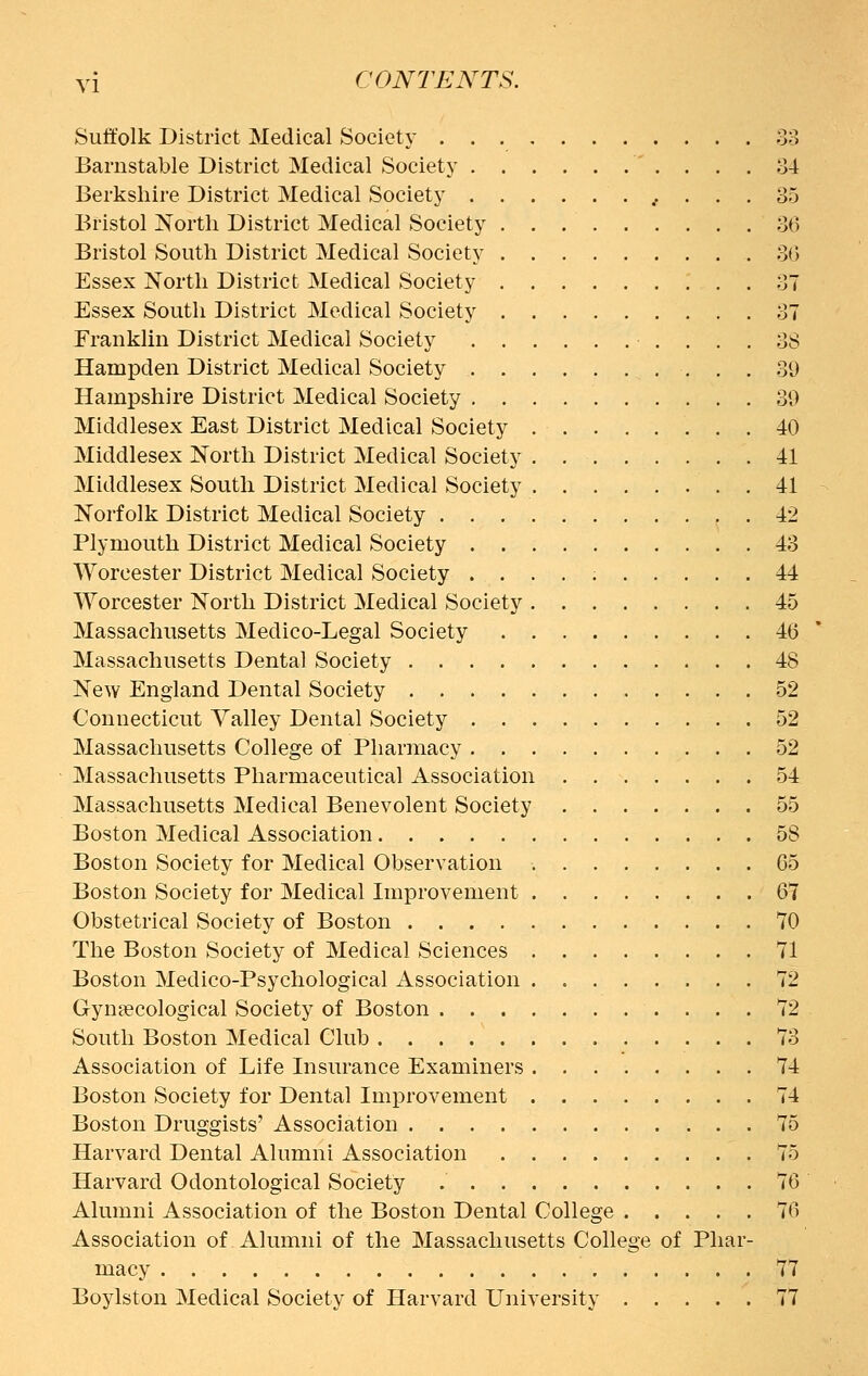 Suffolk District Medical Society . . . , 33 Barnstable District Medical Society ' .... 84 Berkshire District Medical Society 85 Bristol North District Medical Society 36 Bristol South District Medical Society 36 Essex North District Medical Society . . . 37 Essex South District Medical Society 37 Franklin District Medical Society 38 Hampden District Medical Society 39 Hampshire District Medical Society 30 Middlesex East District Medical Society 40 Middlesex North District Medical Society . 41 Middlesex South District Medical Society 41 Norfolk District Medical Society 42 Plymouth District Medical Society 43 Worcester District Medical Society 44 Worcester North District Medical Society 45 Massachusetts Medico-Legal Society 46 Massachusetts Dental Society 48 New England Dental Society 52 Connecticut Valley Dental Society 52 Massachusetts College of Pharmacy 52 Massachusetts Pharmaceutical Association 54 Massachusetts Medical Benevolent Society 55 Boston Medical Association 58 Boston Society for Medical Observation 05 Boston Society for Medical Improvement ........ 67 Obstetrical Society of Boston 70 The Boston Society of Medical Sciences 71 Boston Medico-Psychological Association 72 Gynaecological Society of Boston 72 South Boston Medical Club ... 73 Association of Life Insurance Examiners 74 Boston Society for Dental Improvement 74 Boston Druggists' Association 75 Harvard Dental Alumni Association 75 Harvard Odontological Society 76 Alumni Association of the Boston Dental College 76 Association of Alumni of the Massachusetts College of Phar- macy 77 Boylston Medical Society of Harvard University 77