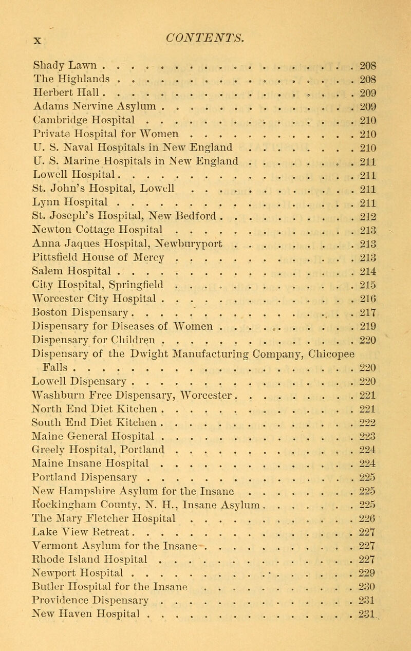 Shady Lawn 208 The Highlands 208 Herbert Hall , .... 209 Adams Nervine Asylum 209 Cambridge Hospital 210 Private Hospital for Women 210 U. S. Naval Hospitals in New England 210 U. S. Marine Hospitals in New England . 211 Lowell Hospital 211 St. John's Hospital, Lowell 211 Lynn Hospital 211 St. Joseph's Hospital, New Bedford 212 Newton Cottage Hospital 213 Anna Jaques Hospital, Newburyport 213 Pittsfield House of Mercy 213 Salem Hospital 214 City Hospital, Springfield 215 Worcester City Hospital 216 Boston Dispensary ' . 217 Dispensary for Diseases of Women . . . . , 219 Dispensary for Children 220 Dispensary of the Dwight Manufacturing Company, Chicopee Falls 220 Lowell Dispensary 220 Washburn Free Dispensary, Worcester 221 North End Diet Kitchen 221 South End Diet Kitchen 222 Maine General Hospital 223 Greely Hospital, Portland . 221 Maine Insane Hospital 224 Portland Dispensary 225 New Hampshire Asylum for the Insane ........ 225 Buckingham County, N. H., Insane Asylum ....... 225 The Mary Fletcher Hospital 226 Lake Yiew Betreat 227 Vermont Asylum for the Insane 227 Rhode Island Hospital 227 Newport Plospital • 229 Butler Hospital for the Insane 230 Providence Dispensary 231 New Haven Hospital 231..