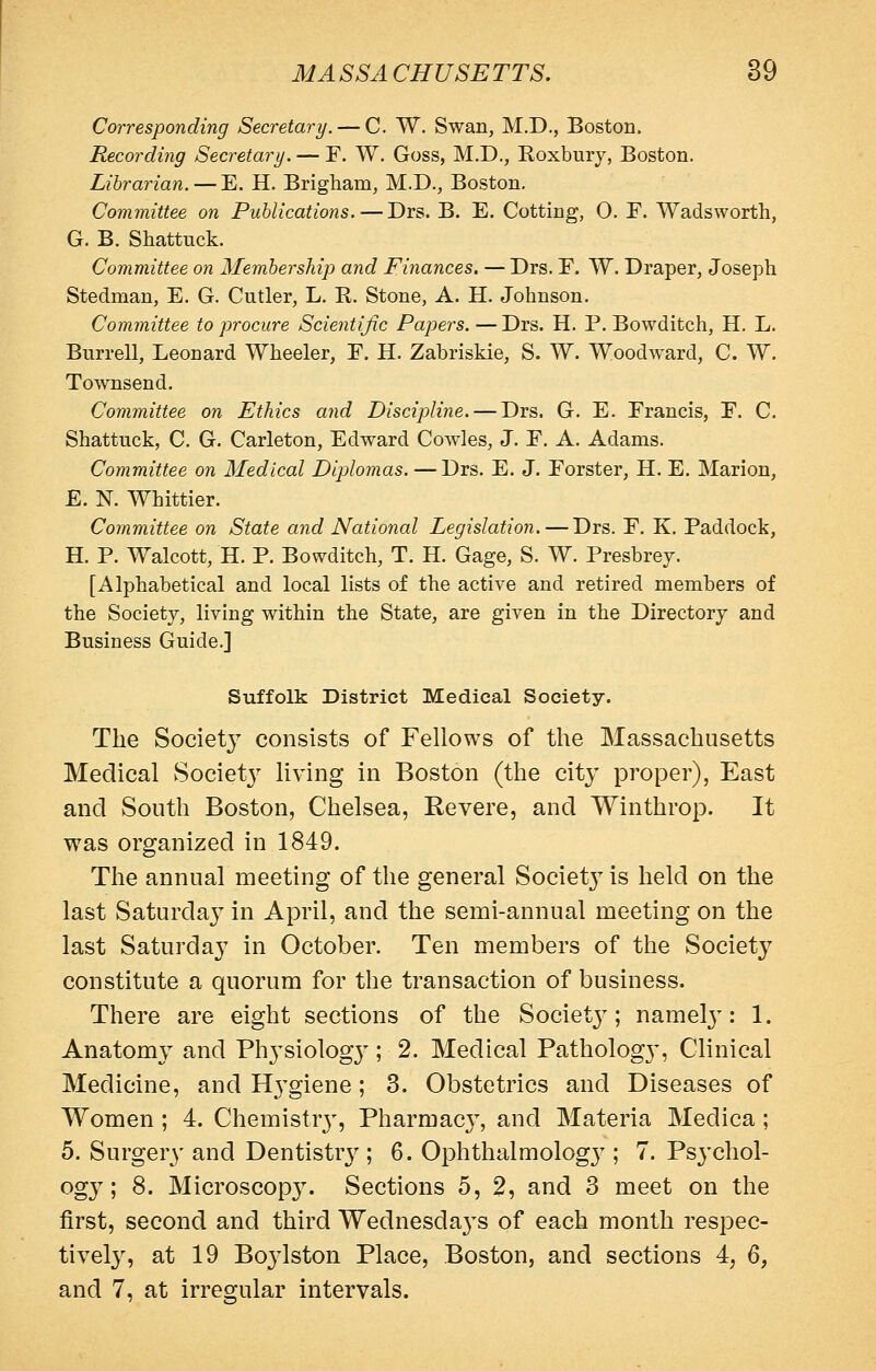 Corresponding Secretary. — C W. Swan, M.D., Boston, Recording Secretary. — F. W. Goss, M.D., Roxbury, Boston, Librarian. — E. H. Brigham, M.D., Boston. Committee on Publications. — Drs. B. E. Cotting, 0, E. Wadsworth, G. B. Shattuck. Committee on Membership and Finances. — Drs. E. W. Draper, Joseph Stedman, E, G, Cutler, L, R. Stone, A. H. Johnson, Committee to procure Scientific Papers. — Drs. H, P. Bowditch, H. L, Burrell, Leonard Wheeler, F. H. Zabriskie, S. W. Woodward, C. W. Townsend. Committee on Ethics and Discipline. — Drs. G. E. Erancis, F. C. Shattuck, C. G. Carleton, Edward Cowles, J. E. A. Adams. Committee on Medical Diplomas. —Drs. E. J. Eorster, H. E, Marion, E. N. Whittier. Committee on State and National Legislation. — Drs. F. K. Paddock, H. P. Walcott, H. P. Bowditch, T. H. Gage, S. W. Presbrej, [Alphabetical and local lists of the active and retired members of the Society, living within the State, are given in the Directory and Business Guide.] Suffolk District Medical Society. The Societ}^ consists of Fellows of the Massachusetts Medical Societj living in Boston (the city proper), East and South Boston, Chelsea, Revere, and Winthrop. It was organized in 1849. The annual meeting of the general Societ} is held on the last Saturdaj^ in April, and the semi-annual meeting on the last Saturday in October. Ten members of the Society constitute a quorum for the transaction of business. There are eight sections of the Societj^; namely: 1. Anatomy and Ph3'siolog3^; 2. Medical Patholog}', Clinical Medicine, and Hygiene; 3. Obstetrics and Diseases of Women ; 4. Chemistrj-, Pharmac}, and Materia Medica ; 5. Surgery and Dentistry ; 6. Ophthalmologj^; 7. Psj'chol- ogy; 8. Microscop3^ Sections 5, 2, and 3 meet on the first, second and third Wednesdays of each month respec- tively, at 19 Boylston Place, Boston, and sections 4, 6, and 7, at irregular intervals.