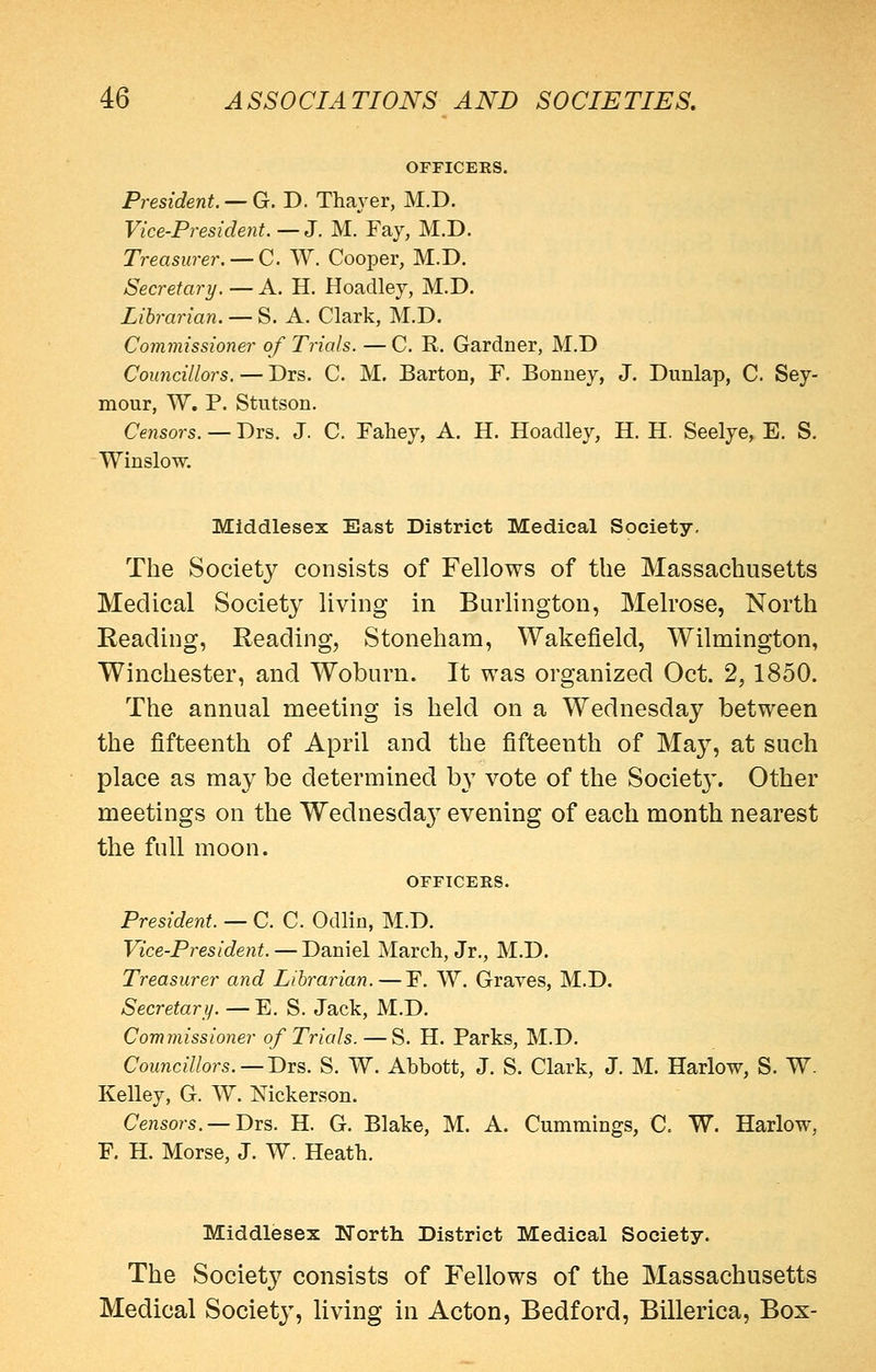 OFFICERS. President. —(j. D. Thayer, M.D. Vice-President.—3. M. Fay, M.D. Treasurer. — C W. Cooper, M.D. Secretary. — A. H. Hoadley, M.D. Librarian. — S. A. Clark, M.D. Commissioner of Trials. — C. K. Gardner, M.D Councillors. — Drs. C. M. Barton, F. Bonney, J. Dunlap, C. Sey- mour, W, P. Stutson. Censors. — Drs. J. C. Fahey, A. H. Hoadley, H. H. Seelye, E. S. Winslow. Middlesex East District Medical Society, The Society consists of Fellows of the Massachusetts Medical Society living in Burlington, Melrose, North Reading, Reading, Stoneham, Wakefield, Wilmington, Winchester, and Woburn. It was organized Oct. 2, 1850. The annual meeting is held on a Wednesday between the fifteenth of April and the fifteenth of May, at such place as may be determined by vote of the Societ}'. Other meetings on the Wednesday evening of each month nearest the full moon. OFFICERS. President. — C. C Odliu, M.D. Vice-President. — Daniel March, Jr., M.D. Treasurer and Librarian.—F. W. Graves, M.D. Secretary. —E. S. Jack, M.D. Commissioner of Trials. — S. H. Parks, M.D. Councillors.—T>v&. S. W. Abbott, J. S. Clark, J. M. Harlow, S. W. Kelley, G. W. Nickerson. Censors. — Drs. H. G. Blake, M. A. Cummings, C. W. Harlow, F. H. Morse, J. W. Heath. Middlesex North District Medical Society. The Society consists of Fellows of the Massachusetts Medical Society, living in Acton, Bedford, Billerica, Box-