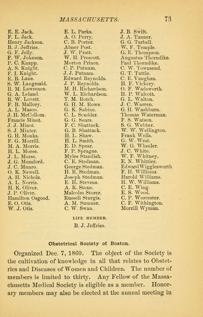 E. E. Jack. F. L. Jack. Henry Jackson. B. J. Jeffries. G. r. Jellj. F. W. Johnson. P. C. Knapp. A. S. Knight. F. I. Knight. E. B. Lane. S. W. Laugmaid. R. M. Lawrence. G. A. Leland. R. W. Lovett. F. B. Mallory. A. L. Mason. J. H. McCoUom. Francis Minot. J. J. Minot. S. J. Mixter. G. H. Monks. F. G. Morrill. M. A. Morris. H. L. Morse. J. L. Morse. J. G. Mumford. J. C. Munro. O. K. Newell. A. H. Nichols. A. L. Norris. H. K. Oliver. J. P. Oliver. Hamilton Osgood. E. O. Otis. W. J. Otis. E. L. Parks. A. 0. Perry. C. B. Porter. Abner Post. J. W. Pratt. W. H. Prescott. Morton Prince. C. P. Putnam. J. J. Putnam. Edward Reynolds. J. P. Reynolds. M. H. Richardson. W. L. Richardson. T. M. Rotch. G. H. M. Rowe. G. K. Sabine. C. L. Scudder. G. G. Sears. F. C. Shattuck. G. B. Shattuck. H. L. Shaw. H. L. Smith. E. D. Spear. F, P. Sprague. Myles Standish. C. E. Stedman, George Stedman. H. R. Stedman. Joseph Stedman. E. H. Stevens. A. K. Stone. Malcolm Storer. Russell Sturgis. A. M. Sumner. C. W. Swan. LIFE MEMBER. B. J. Jeffries. J. B. Swift. J. A. Tanner. G. G. Tarbell. W. F. Temple. G. E. Thompson. Augustus Thorndike. Paul Thorndike. C. W. Townsend. G. T. Tuttle. C. E. Vaughan. H. F. Vickery. O. F. Wadsworth. H. P. Walcott. G. L. Walton. J. C. Warren. G. H. Washburn. Thomas Waterman. F. S. Watson. S. G. Webber. W. W. Wellington. Frank WeUs. G. W. West. W. G. Wheeler. J. C. White. W. F. Whitney. E. N. Whittier. E d ward Wigglesworth F. H. Williams, Harold Williams. H. W. Williams. C. E. Wing. E. S. Wood. C. P. Worcester. C. F. Withington. Morrill Wyman. Obstetrical Society of Boston. Organized Dec. 7, 1860. The object of the Society is the cultivation of knowledge in all that relates to Obstet- rics and Diseases of Women and Children. The number of members is limited to thirty. Any Fellow of the Massa- chusetts Medical Societj- is eligible as a member. Honor- ary members may also be elected at the annual meeting in