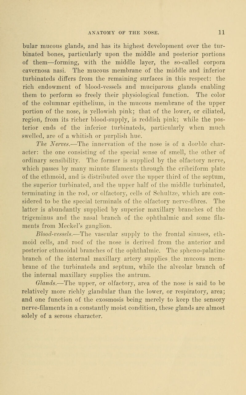 bular mucous glands, and lias its highest development over the tur- binated bones, particularly upon the middle and posterior portions of them—forming, with the middle layer, the so-called corpora cavernosa nasi. The mucous membrane of the middle and inferior turbinateds differs from the remaining surfaces in this respect: the rich endowment of blood-vessels and muciparous glands enabling them to perform so freely their physiological function. The color of the columnar epithelium, in the mucous membrane of the upper portion of the nose, is yellowish pink; that of the lower, or ciliated, region, from its richer blood-supply, is reddish pink; while the pos- terior ends of the inferior turbinateds, particularly when much swelled, are of a whitish or purplish hue. The Nerves.—The innervation of the nose is of a double char- acter: the one consisting of the special sense of smell, the other of ordinary sensibility. The former is supplied by the olfactory nerve, which passes by many minute filaments through the cribriform plate of the ethmoid, and is distributed over the upper third of the septum, the superior turbinated, and the upper half of the middle turbinated, terminating in the rod, or olfactory, cells of Schultze, which are con- sidered to be the special terminals of the olfactory nerve-fibres. The latter is abundantly supplied by superior maxillary branches of the trigeminus and the nasal branch of the ophthalmic and some fila- ments from Meckel's ganglion. Blood-vessels.-—The vascular supply to the frontal sinuses, eth- moid cells, and roof of the nose is derived from the anterior and posterior ethmoidal branches of the ophthalmic. The spheno-palatine branch of the internal maxillary artery supplies the mucous mem- brane of the turbinateds and septum, while the alveolar branch of the internal maxillary supplies the antrum. Glands.—The upper, or olfactor}^, area of the nose is said to be relatively more richly glandular than the lower, or respiratory, area; and one function of the exosmosis being merely to keep the sensory nerve-filaments in a constantly moist condition, these glands are almost solely of a serous character.
