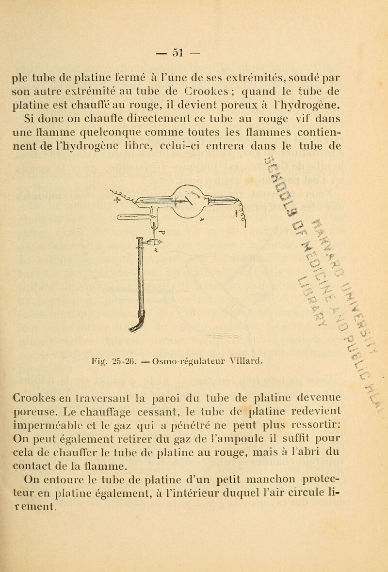 pie tube de platine fermé à l'une de ses extrémités, soudé par son autre extrémité au tube de Crookes ; quand le tube de platine est chaufïé au rouge, il devient poreux à l'hydrogène. Si donc on cliaufïe directement ce tube au rouge vif dans une flamme quelconque comme toutes les flammes contien- nent de l'hydrogène libre, celui-ci entrera dans le tube de c C^i Ci '<' <J Fia. 25-26. — Osmo-réQulateur Villard. Crookes en traversant la paroi du tube de platine devenue poreuse. Le chauffage cessant, le tube de platine redevient imperméable et le gaz qui a pénétré ne peut plus ressortir: On peut également retirer du gaz de l'ampoule il suffit pour cela de chauffer le tube de platine au rouge, mais à l'abri du contact de la flamme. On entoure le tube de platine d'un petit manchon protec- teur en platine également, à l'intérieur duquel l'air circule li- ïement.