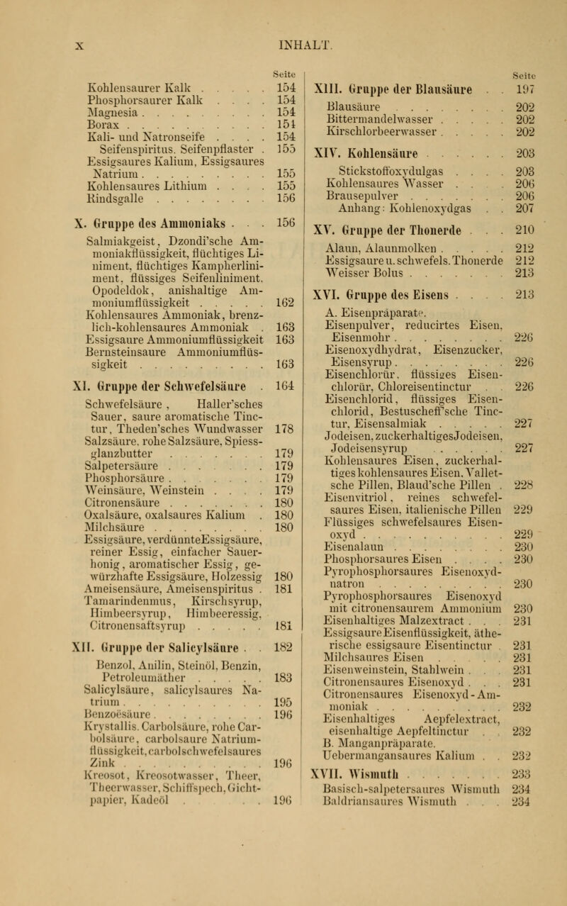 Seite Kohlensaurer Kalk 154 Phosphorsaurer Kalk .... 154 Magnesia 154 Borax 15i Kali- und Natronseife .... 154 Seifenspiritus. Seifenpflaster . 155 Essigsaures Kalium, Essigsaures Natrium 155 Kohlensaures Lithium .... 155 Kindsgalle 156 X. Gruppe des Ammoniaks . . 156 Salmiakgeist, Dzondi'sche Am- moniakflüssigkeit, flüchtiges Li- niment, flüchtiges Kampherlini- ment. flüssiges Seifenliniment. Opodeldok, anishaltige Am- moniumflüssigkeit 162 Kohlensaures Ammoniak, brenz- lich-kohlensaures Ammoniak 163 Essigsaure Ammoniumflüssigkeit 163 Bernsteinsaure Ammoniumflüs- sigkeit 163 XL Gruppe der Schwefelsäure 164 Schwefelsäure , Haller'sches Sauer, saure aromatische Tinc- tur, Theden'sches Wundwasser 178 Salzsäure, rohe Salzsäure, Spiess- glanzbutter 179 Salpetersäure 179 Phosphorsäure 179 Weinsäure, Weinstein .... 179 Citronensäure 180 Oxalsäure, oxalsaures Kalium . 180 Milchsäure 180 Essigsäure, verdünnteEssigsäure, reiner Essig, einfacher Sauer- honig , aromatischer Essig, ge- würzhafte Essigsäure, Holzessig 180 Ameisensäure, Ameisenspiritus . 181 Tamarindenmus, Kirschsyrup, Himbeersyrup, Himbeeressig, Citronensaftsyrup 181 XH. Gruppe der Salicylsänre . . 182 Benzol, Anilin, Steinöl, Benzin, Petroleumäther 183 Salicylsäure, salicylsaurcs Na- trium 195 Bonzo('säure 196 Krystallis. Carbolsäure, rohe Car- bolsäure, carbolsäure Natrium- flüssigkeit, carbol schwefelsaures Zink 196 Kroo.sot, Kreosotwasser, Tlieer, 'i'liecrwasser, Schitfsi)ech, Gicht- papier, Kadeöl . . 196 Seite XHI. Gruppe der Blausäure . . 197 Blausäure 202 Bittermandelwasser 202 Kirschlorbeerwasser 202 XIV. Kohlensäure 203 Stickstoftbxydulgas .... 203 Kohlensaures 'Wasser ... 206 Brausepulver 206 Anhang: Kohienoxydgas . . 207 XV. Gruppe der Thonerde .210 Alaun, Alaunmolken 212 Essigsaure u. schwefeis. Thonerde 212 Weisser Bolus 213 XVI. Gruppe des Eisens .... 213 A. Eisenpräparate. Eisenpulver, reducirtes Eisen. Eisenmohr 226 Eisenoxydhydrat, Eisenzucker, Eisensyrup 226 Eisenchlorür. flüssiges Eisen- chlorür, Chloreisentinctur . . 226 Eisenchlorid, flüssiges Eisen- chlorid, Bestuscheft''sche Tinc- tur, Eisensalmiak 227 Jodeisen, zuckerhaltiges Jodeisen, Jodeisensyrup 227 Kohlensaures Eisen, zuckerhal- tiojes kohlensaures Eisen. Yallet- sche Pillen, Blaud'sche Pillen . 228 Eisenvitriol. reines schwefel- saures Eisen, italienische Pillen 229 P'lüssiges schwefelsaures Eisen- oxyd 229 Eisenalaun 230 Phosphorsaures Eisen .... 230 Pyrophosphorsaures Eisenoxyd- natron 230 Pyrophosphorsaures Eisenoxyd mit citronensaurem Ammonium 230 Eisenhaltiges Malzextract . . . 231 Essigsaure Eisenflüssigkeit, äthe- rische essigsaure Eisentinctur . 231 Milchsaures Eisen 231 Eisenweinstein, Stahlwein . . . 231 Citronensaures Eisenoxyd . . . 231 Citronensaures Eisenoxyd - Am- moniak 232 Eisenhaltiges Aepfelextract, eisenhaltige Aepfeltinctur 232 B. Manganpräparate. Uebermangansaures Kalium . . 232 XVII. Wismuth 233 Basisch-salpetersaures Wismuth 234 Baldriansaures Wismuth . . . 234