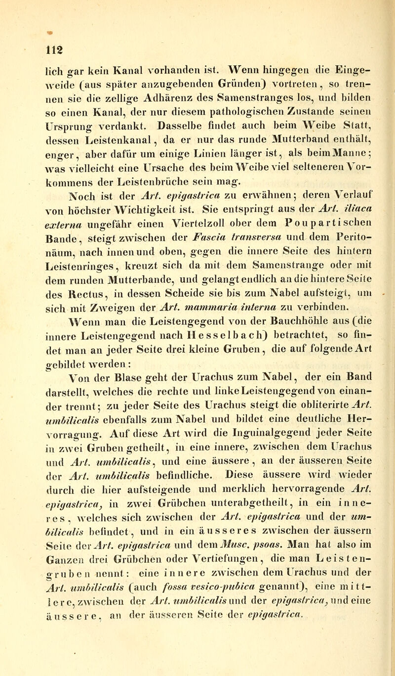 lieh o-ar kein Kanal vorhanden ist. Wenn hingegen die Einge- weide (aus später anzugebenden Gründen) vortreten, so tren- nen sie die zellige Adhärenz des Samenstranges los, und bilden so einen Kanal, der nur diesem pathologischen Zustande seinen Ursprung verdankt. Dasselbe findet auch beim Weibe Statt, dessen Leistenkanal, da er nur das runde Mutterband enthält, enger, aber dafür um einige Linien länger ist, als beimManne; was vielleicht eine Ursache des beim Weibe viel selteneren Vor- kommens der Leistenbrüche sein mag. Noch ist der Art. epigastrica zu erwähnen; deren Verlauf von höchster Wichtigkeit ist. Sie entspringt aus der Art. iliaca externa ungefähr einen Viertelzoll ober dem Poupartisehen Bande, steigt zwischen der Fascia transversa und dem Perito- näum, nach innen und oben, gegen die innere Seite des hinfern Leistenringes, kreuzt sich da mit dem Samenstrange oder mit dem runden Mutterbande, und gelangt endlich an die hintere Seile des Rectus, in dessen Scheide sie bis zum Nabel aufsteigt, um sich mit Zweigen der Art. mammaria interna zu verbinden. Wenn man die Leistengegend von der Bauchhöhle aus (die innere Leistengegend nach H e s s e 1 b a c h) betrachtet, so fin- det man an jeder Seite drei kleine Gruben, die auf folgende Art gebildet werden: Von der Blase geht der Urachus zum Nabel, der ein Band darstellt, welches die rechte und linke Leistengegend von einan- der trennt; zu jeder Seite des Urachus steigt die obliterirte Art. umbilicalis ebenfalls zum Nabel und bildet eine deutliche Her- vorragung. Auf diese Art wird die Inguinalgegend jeder Seite in zwei Gruben getheilt, in eine innere, zwischen dem Urachus und Art. umbilicalis, und eine äussere, an der äusseren Seite der Art. umbilicalis befindliche. Diese äussere wird wieder durch die hier aufsteigende und merklich hervorragende Art. epigastrica, in zwei Grübchen unterabgetheilt, in ein inne- res, welches sich zwischen der Art. epigastrica und der um- bilicalis befindet, und in einäusseres zwischen der äussern Seite der Art. epigastrica und dem Muse, psoas. Man hat also im Ganzen drei Grübchen oder Vertiefungen, die man Leisten- o-ruben nennt: eine innere zwischen dem Urachus und der Art. umbilicalis (auch fossa vesico-pubica genannt), eine mitt- lere, zwischen der Art. umbilicalis und der epigastrica, und eine äussere, an der äusseren Seite der epigastrica.