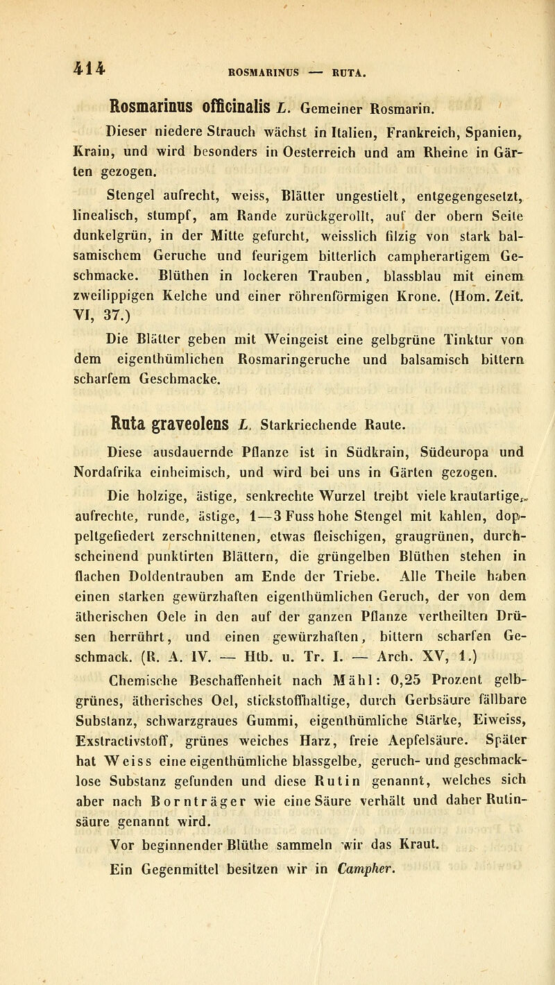 EOSMARINÜS — KüTA. RoSmarinUS ofBcinaliS L. Gemeiner Rosmarin. Dieser niedere Strauch wächst in Italien, Frankreich, Spanien, Krain, und wird besonders in Oesterreich und am Rheine in Gär- ten gezogen. Stengel aufrecht, weiss, Rlälter ungestielt, entgegengesetzt, linealisch, stumpf, am Rande zurückgerollt, auf der obern Seile dunkelgrün, in der Mitte gefurcht, weisslich filzig von stark bal- samischem Gerüche und feurigem bitterlich campherartigem Ge- schmacke. Blüthen in lockeren Trauben, blassblau mit einem zweilippigen Kelche und einer röhrenförmigen Krone. (Hom. Zeit. VI, 37.) Die Blätter geben mit Weingeist eine gelbgrüne Tinktur von dem eigenlhümlichen Rosmaringeruche und balsamisch bittern scharfem Geschmacke. Rata graveolenS L. starkriechende Raute. Diese ausdauernde Pflanze ist in Südkrain, Südeuropa und Nordafrika einheimisch, und wird bei uns in Gärten gezogen. Die holzige, ästige, senkrechte Wurzel treibt viele krautarlige,:, aufrechte, runde, ästige, 1—3 Fuss hohe Stengel mit kahlen, dop- peltgefiedert zerschnittenen, etwas fleischigen, graugrünen, durch- scheinend punktirten Blättern, die grüngelben Blüthen stehen in flachen Doldentrauben am Ende der Triebe. Alle Theile haben einen starken gewürzhaften eigenlhümlichen Geruch, der von dem ätherischen Oele in den auf der ganzen Pflanze vertheilteri Drü- sen herrührt, und einen gewürzhaften, bittern scharfen Ge- schmack. (R. A. IV. — Htb. u. Tr. I. — Arch. XV, 1.) Chemische Beschaffenheit nach Mahl: 0,25 Prozent gelb- grünes, ätherisches Oel, stickstofliialtige, durch Gerbsäure fällbare Substanz, schwarzgraues Gummi, eigenthüraliche Stärke, Eiweiss, Exstractivstoff, grünes weiches Harz, freie Aepfelsäure. Später hat Weiss eine eigenthüraliche blassgelbe, geruch-und geschmack- lose Substanz gefunden und diese Rutin genannt, welches sich aber nach Bornträger wie eine Säure verhält und daher Rutin- säure genannt wird. Vor beginnender Blüthe sammeln ^mv das Kraut. Ein Gegenmittel besitzen wir in Campher.