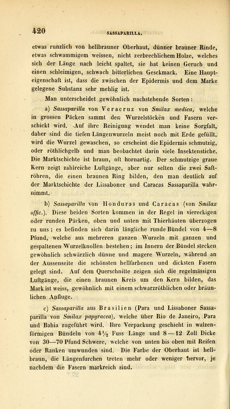 SASSAPARILLA. etwas runzlich von hellbrauner Oberhaut, dünner brauner Rinde, etwas schwammigem weissen, nicht zerbrechlichem Holze, welches sich der Länge nach leicht spaltet, sie hat keinen Geruch und einen schleimigen, schwach bitterlichen Gesckmack. Eine Haupt- eigenschaft ist, dass die zwischen der Epidermis und dem Marke gelegene Substanz sehr mehlig ist. Man unterscheidet gewöhnlich nachstehende Sorten: a) Sassaparüla von Veracruz von Smilax medica, welche in grossen Packen sammt den Wurzelstöcken und Fasern ver- schickt wird. -Auf ihre Reinigung wendet man keine Sorgfalt, daher sind die tiefen Längenwurzeln meist noch mit Erde gefüllt, wird die Wurzel gewaschen, so erscheint die Epidermis schmutzig, oder röthlichgelb und man beobachtet darin viele Insektenstiche. Die Marktschichte ist braun, oft h^rnartig. Der schmutzige graue Kern zeigt zahlreiche Luftgänge, aber nur selten die zwei Saft- röhren, die einen braunen Ring bilden, den man deutlich auf der Marktschichte der Lissaboner und Caracas Sassaparilla wahr- nimmt. b) Sassaparilla von Honduras und Caracas (von Smilax offic). Diese beiden Sorten kommen in der Regel in viereckigen oder runden Packen, oben und unten mit Thierhäulen überzogen zu uns ; es befinden sich darin längliche runde Bündel von 4—8 Pfund, welche aus mehreren ganzen Wurzeln mit ganzen und gespaltenen Wurzelknollen bestehen ; im Innern der Bündel stecken gewöhnlich schwärzlich dünne und magere Wurzeln, während an der Aussenseite die schönsten hellfarbenen und dicksten Fasern gelegt sind. Auf dem Querschnitte zeigen sich die regelmässigen Luftgänge, die einen braunen Kreis um den Kern bilden, das Mark ist weiss, gewöhnlich mit einem schwarzröthlichen oder bräun- lichen Anfluge. c) Sassaparilla aus Brasilien (Para und Lissaboner Sassa- parilla von Smilax papyracea), welche über Rio de Janeiro, Para und Bahia zugeführt wird, Ihre Verpackung geschieht in walzen- förmigen Bündeln von 4'/2 Fuss Länge und 8 —12 Zoll Dicke von 30—70 Pfund Schwere, welche von unten bis oben mit Reifen oder Ranken umwunden sind. Die Farbe der Oberhaut ist hell- braun, die Längenfurchen treten mehr oder weniger liervor, je nachdem die Fasern markreich sind.