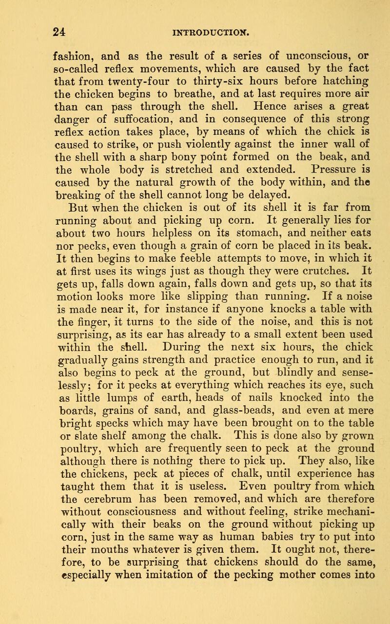 fashion, and as the result of a series of unconscious, or so-called reflex movements, which are caused by the fact that from twenty-four to thirty-six hours before hatching the chicken begins to breathe, and at last requires more air than can pass through the shell. Hence arises a great danger of suffocation, and in consequence of this strong reflex action takes place, by means of which the chick is caused to strike, or push violently against the inner wall of the shell with a sharp bony point formed on the beak, and the whole body is stretched and extended. Pressure is caused by the natural growth of the body within, and the breaking of the shell cannot long be delayed. But when the chicken is out of its shell it is far from running about and picking up corn. It generally lies for about two hours helpless on its stomach, and neither eats nor pecks, even though a grain of corn be placed in its beak. It then begins to make feeble attempts to move, in which it at first uses its wings just as though they were crutches. It gets up, falls down again, falls down and gets up, so that its motion looks more like slipping than running. If a noise is made near it, for instance if anyone knocks a table with the finger, it turns to the side of the noise, and this is not surprising, as its ear has already to a small extent been used within the shell. During the next six hours, the chick gradually gains strength and practice enough to run, and it also begins to peck at the ground, but blindly and sense- lessly; for it pecks at everything which reaches its eye, such as little lumps of earth, heads of nails knocked into the boards, grains of sand, and glass-beads, and even at mere bright specks which may have been brought on to the table or slate shelf among the chalk. This is done also by grown poultry, which are frequently seen to peck at the ground although there is nothing there to pick up. They also, like the chickens, peck at pieces of chalk, until experience has taught them that it is useless. Even poultry from which the cerebrum has been removed, and which are therefore without consciousness and without feeling, strike mechani- cally with their beaks on the ground without picking up corn, just in the same way as human babies try to put into their mouths whatever is given them. It ought not, there- fore, to be surprising that chickens should do the same, especially when imitation of the pecking mother comes into