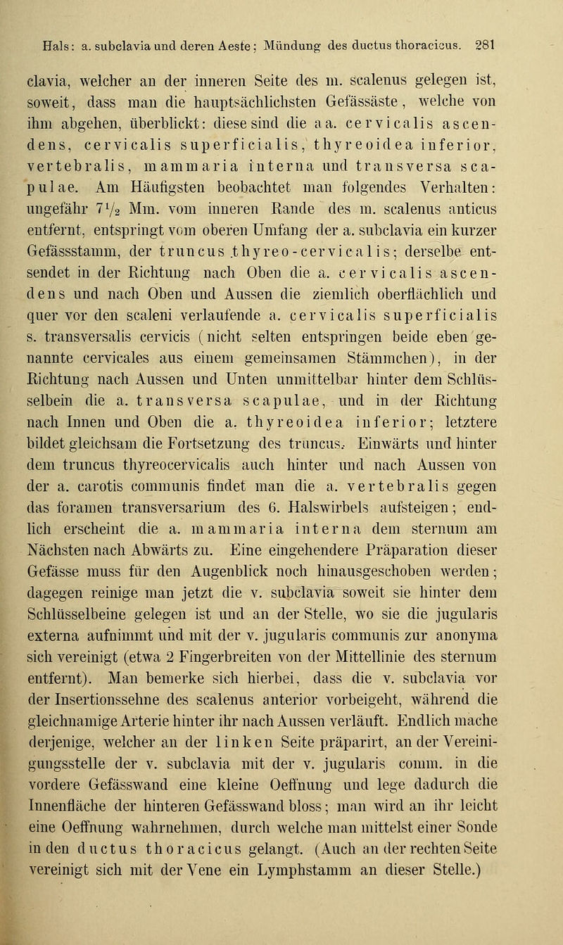 clavia, weicher an der inneren Seite des ni. scalenus gelegen ist, soweit, dass mau die hauptsächlichsten Gefässäste, welche von ihm abgehen, überbhckt: diese sind die aa. cervicalis ascen- dens, cervicalis superficialis, thyreoidea inferior, vertehralis, mammaria interna und transversa sca- pulae. Am Häufigsten beobachtet man folgendes Verhalten: ungefähr 71/2 Mm. vom inneren Rande des m. scalenus anticus entfernt, entspringt vom oberen Umfang der a. subclavia ein kurzer Gefässstamm, der truncus .thj^-eo-cervical is; derselbe ent- sendet in der Richtung nach Oben die a. cervicalis ascen- den s und nach Oben und Aussen die ziemlich oberflächlich und quer vor den scaleni verlaufende a. cervicalis superficialis s. transversalis cervicis (nicht selten entspringen beide eben ge- nannte cervicales aus einem gemeinsamen Stämmchen), in der Richtung nach Aussen und Unten unmittelbar hinter dem Schlüs- selbein die a. transversa scapulae, und in der Richtung nach Innen und Oben die a. thyreoidea inferior; letztere bildet gleichsam die Fortsetzung des trancus.- Einwärts und hinter dem truncus thyreocervicalis auch hinter und nach Aussen von der a. carotis communis findet man die a. vertebralis gegen das foramen transversarium des 6. Halswirbels aufsteigen; end- lich erscheint die a. mammaria interna dem sternum am Nächsten nach Abwärts zu. Eine eingehendere Präparation dieser Gefässe muss für den Augenblick noch hinausgeschoben werden; dagegen reinige man jetzt die v. subclavia soweit sie hinter dem Schlüsselbeine gelegen ist und an der Stelle, wo sie die jugularis externa aufnimmt und mit der v. jugularis communis zur anonyma sich vereinigt (etwa 2 Fingerbreiten von der Mittellinie des sternum entfernt). Man bemerke sich hierbei, dass die v. subclavia vor der Insertionssehne des scalenus anterior vorbeigeht, während die gleichnamige Arterie hinter ihr nach Aussen verläuft. Endlich mache derjenige, welcher an der linken Seite präparirt, an der Vereini- gungsstelle der V. subclavia mit der v. jugularis comm. in die vordere Gefässwand eine kleine Oeflnung und lege dadurch die Innenfläche der hinteren Gefässwand bloss; man wird an ihr leicht eine Oeffnung wahrnehmen, durch welche man mittelst einer Sonde in den ductus thoracicus gelangt. (Auch an der rechten Seite vereinigt sich mit der Vene ein Lymphstamm an dieser Stelle.)