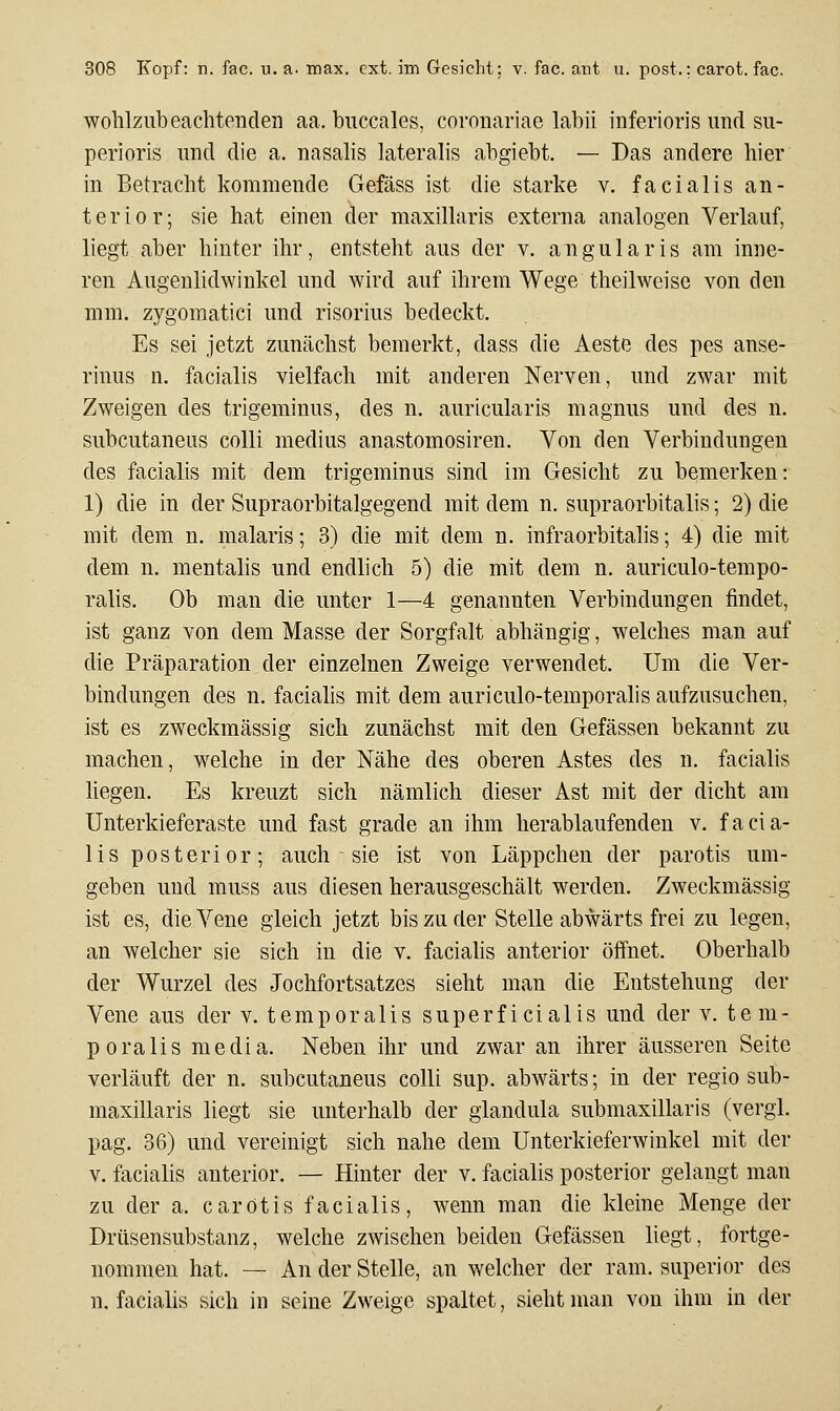 wohlzubeachtenden aa. buccales, coronariae labii inferioris und sii- perioris und die a. nasalis lateralis abgiebt. — Das andere hier in Betracht kommende Gefäss ist die starke v, facialis an- terior; sie hat einen der maxillaris externa analogen Verlauf, liegt aber hinter ihr, entsteht aus der v. angularis am inne- ren Augenlidwinkel und wird auf ihrem Wege theilweise von den mm. zygomatici und risorius bedeckt. Es sei jetzt zunächst bemerkt, dass die Aeste des pes anse- rinus n. facialis vielfach mit anderen Nerven, und zwar mit Zweigen des trigeminus, des n. auricularis magnus und des n. subcutaneus colli medius anastomosiren. Von den Verbindungen des facialis mit dem trigeminus sind im Gesicht zu bemerken: 1) die in der Supraorbitalgegend mit dem n. supraorbitalis; 2) die mit dem n. malaris; 3) die mit dem n. infraorbitalis; 4) die mit dem n. mentalis und endlich 5) die mit dem n. auriculo-tempo- ralis. Ob man die unter 1—4 genannten Verbindungen findet, ist ganz von dem Masse der Sorgfalt abhängig, welches man auf die Präparation der einzelnen Zweige verwendet. Um die Ver- bindungen des n. facialis mit dem auriculo-temporalis aufzusuchen, ist es zweckmässig sich zunächst mit den Gefässen bekannt zu machen, welche in der Nähe des oberen Astes des n. facialis liegen. Es kreuzt sich nämlich dieser Ast mit der dicht am Unterkieferaste und fast grade an ihm herablaufendeu v. facia- lis posterior; auch sie ist von Läppchen der parotis um- geben und muss aus diesen herausgeschält werden. Zweckmässig ist es, die Vene gleich jetzt bis zu der Stelle abwärts frei zu legen, an welcher sie sich in die v. faciahs anterior öffnet. Oberhalb der Wurzel des Jochfortsatzes sieht man die Entstehung der Vene aus der v. temporalis superficialis und der v. tem- poralis media. Neben ihr und zwar an ihrer äusseren Seite verläuft der n. subcutaneus colli sup. abwärts; in der regio sub- raaxillaris liegt sie unterhalb der giandula submaxillaris (vergl. pag. 36) und vereinigt sich nahe dem Unterkieferwinkel mit der V. facialis anterior. — Hinter der v. facialis posterior gelangt man zu der a. carotis facialis, wenn man die kleine Menge der Drüsensubstanz, welche zwischen beiden Gefässen liegt, fortge- nommen hat. — An der Stelle, an welcher der ram. superior des n, facialis sich in seine Zweige spaltet, sieht man von ihm in der