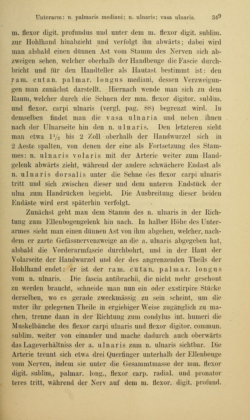 Unterarm: n. palmai'is median!; n. ulnaris; vasa ulnaria. 34^ m. flexor digit. profundus und unter dem m. fiexor digit. sublim, zur Hohlhand hinabzieht und verfolgt ihn abwärts; dabei wird man alsbald einen dünnen Ast vom Stamm des Nerven sich ab- zweigen sehen, welcher oberhalb der Handbeuge dieFascie durch- bricht und für den Handteller als Hautast bestimmt ist: den ram. cutan. palmar, longus mediani, dessen Verzweigun- gen man zunächst darstellt. Hiernach wende man sich zu dem Raum, welcher durch die Sehnen der mm. flexor digitor. sublim, und flexor. carpi ulnaris (vergl. pag. 88) begrenzt wird. In demselben findet man die vasa ulnaria und neben ihnen nach der Ulnarseite hin den n. ulnaris. Den letzteren sieht man etwa Vjo bis 2 Zoll oberhalb der Handwurzel sich in 2 Aeste spalten, von denen der eine als Fortsetzung des Stam- mes: n. ulnaris volaris mit der Arterie weiter zum Hand- gelenk abwärts zieht, während der andere schwächere Endast als n. ulnaris dorsalis unter die Sehne ues flexor carpi ulnaris tritt und sich zwischen dieser und dem unteren Endstück der ulna zum Handrücken begiebt. Die Ausbreitung dieser beiden Endäste wird erst späterhin verfolgt. Zunächst geht man dem Stamm des n. ulnaris in der Rich- tung zum Ellenbogengelenk hin nach. In halber Höhe des Unter- armes sieht man einen dünnen Ast von ihm abgehen, welcher, nach- dem er zarte Gefässnervenzweige an die a. ulnaris abgegeben hat, alsbald die Vorderarmfascie durchbohrt, und in der Haut der Volarseite der Handwurzel und der des angrenzenden Theils der Hohlhand endet: er ist der ram. cutan. palmar, longus vom n. ulnaris. Die fascia antibrachii, die nicht mehr geschont zu werden braucht, schneide man nun ein oder exstirpire Stücke derselben, wo es gei'ade zweckmässig zu sein scheint, um die unter ihr gelegenen Theile in ergiebiger Weise zugänglich zu ma- chen, trenne dann in der Richtung zum condylus int. humeri die Muskelbäuche des flexor carpi ulnaris und flexor digitor. commun. subhm. w^eiter von einander und mache dadurch auch oberwärts dasLageverhältniss der a, ulnaris zum n. ulnaris sichtbar. Die Arterie trennt sich etw^a drei Querfinger unterhalb der Ellenbeuge vom Nerven, indem sie unter die Gesammtniasse der mm. flexor digit. sublim., palmar, long., flexor carp. radial, und pronator
