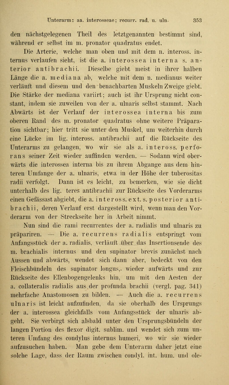 den nächstgelegenen Theil des letztgenannten bestimmt sind, während er selbst inl m. pronator quadratus endet. Die Arterie, welche man oben und mit dem n. inteross. in- ternus verlaufen sieht, ist die a. interossea interna s. an- terior antibrachii. Dieselbe giebt meist in ihrer halben Länge die a. mediana ab, welche mit dem n. medianus weiter verläuft und diesem und den benachbarten Muskeln Zweige giebt. Die Stärke der mediana variirt; auch ist ihr Ursprung nicht con- stant, indem sie zuweilen von der a. ulnaris selbst stammt. Nach Abwärts ist der Verlauf der interossea interna bis zum oberen Rand des m. pronator quadratus ohne weitere Präpara- tion sichtbar; hier tritt sie unter den Muskel, um weiterhin durch eine Lücke im lig. inteross. antibrachii auf die Rückseite des Unterarms zu gelangen, wo wir sie als a. inteross. perfo- rans seiner Zeit wieder auffinden werden. — Sodann wird ober- wärts die interossea interna bis zu ihrem Abgange aus dem hin- teren Umfange der a. ulnaris, etwa in der Höhe der tuberositas radii verfolgt. Dann ist es leicht, zu bemerken, wie sie dicht unterhalb des lig. teres antibrachii zur Rückseite des Vorderarms einen Gefässast abgiebt, die a. inter oss. ext. s. p osterior anti- brachii, deren Verlauf erst dargestellt wird, wenn man den Vor- derarm von der Streckseite her in Arbeit nimmt. Nun sind die rami recurrentes der a. radialis und ulnaris zu präparireu. — Die a. recurrens radialis entspringt vom Anfangsstück der a. radialis, verläuft über das Insertionsende des m. brachiahs internus und den supinator brevis zunächst nach Aussen und abwärts, wendet sich dann aber, bedeckt von den Fleischbündeln des supinator longus,. wieder aufwärts und zur Rückseite des Ellenbogengelenks hin, um mit den Aesten der a. collateralis radialis aus.der profunda brachii (vergi. pag. 341) mehrfache Anastomosen zu bilden. — Auch die a. recurrens ulnaris ist leicht aufzufinden, da sie oberhalb des Ursprungs der a. interossea gleichfalls vom Anfangsstück der ulnaris ab- geht. Sie verbirgt sich alsbald unter den Ursprungsbündeln der langen Portion des flexor digit. sublim, und wendet sich zum un- teren Umfang des condylus internus humeri, wo wir sie wieder aufzusuchen haben. Man gebe dem Unterarm daher jetzt eine solche Lage, dass der Raum zwischen condyl. int. hum. und ole-