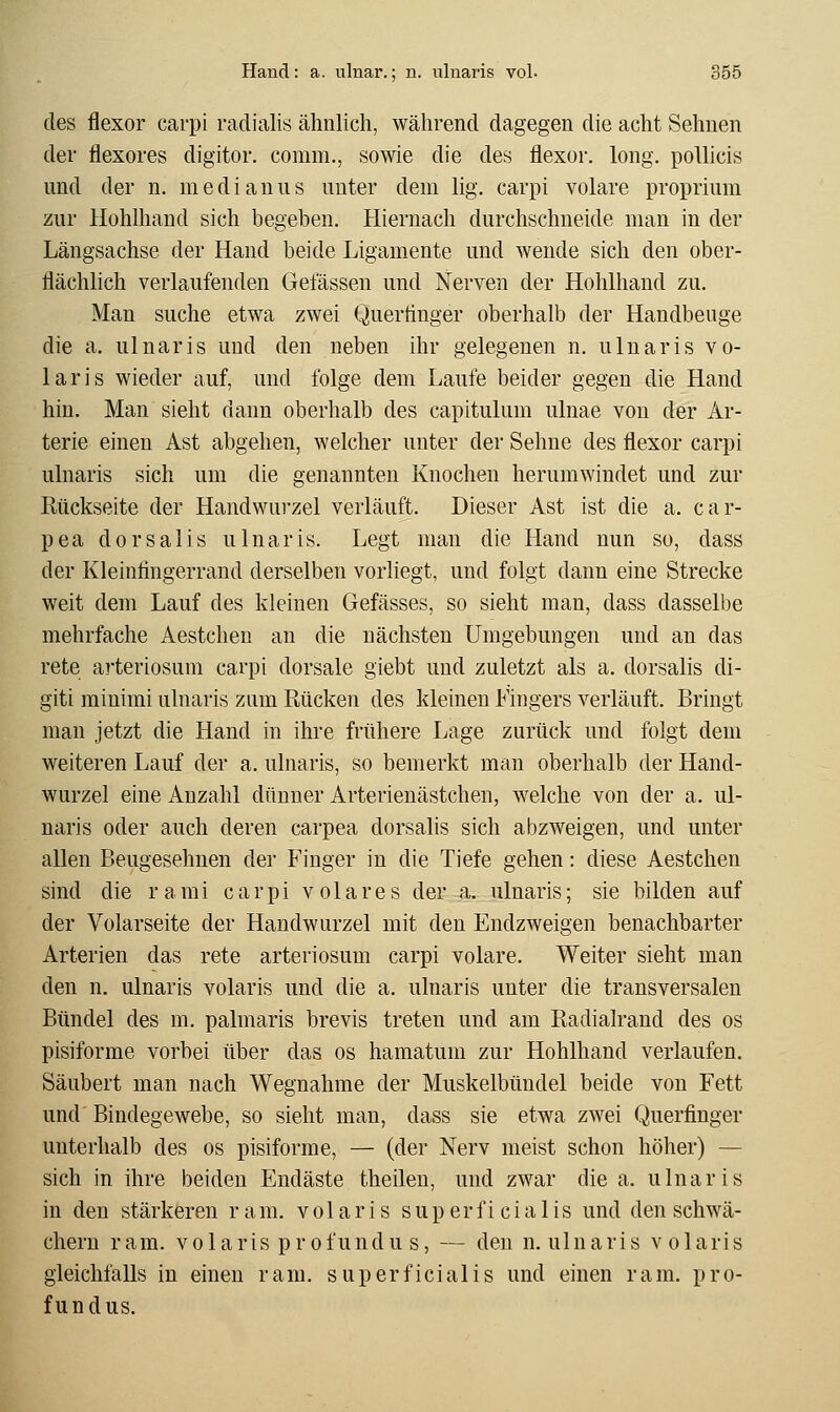 des flexor carpi radialis ähnlich, während dagegen die acht Sehnen der flexores digitor. comm., sowie die des flexor. long. poUicis und der n. medianiis unter dem lig. carpi volare proprium zur Hohlhand sich begeben. Hiernach durchschneide man in der Längsachse der Hand beide Ligamente und wende sich den ober- flächlich verlaufenden Gelassen und Nerven der Hohlhand zu. Man suche etwa zwei Quertinger oberhalb der Handbeuge die a. ulnaris und den neben ihr gelegenen n. ulnaris vo- laris wieder auf, und folge dem Laufe beider gegen die Hand hin. Man sieht dann oberhalb des capitulum ulnae von der Ar- terie einen Ast abgehen, welcher unter der Sehne des flexor carpi ulnaris sich um die genannten Knochen herurawindet und zur Rückseite der Handwurzel verläuft. Dieser Ast ist die a. car- pea dorsalis ulnaris. Legt man die Hand nun so, dass der Kleinfingerrand derselben vorhegt, und folgt dann eine Strecke weit dem Lauf des kleinen Gefässes, so sieht man, dass dasselbe mehrfache Aestchen an die nächsten Umgebungen und an das rete arteriosum carpi dorsale giebt und zuletzt als a. dorsalis di- giti minimi ulnaris zum Rücken des kleinen Fingers verläuft. Bringt man jetzt die Hand in ihre frühere Lage zurück und folgt dem weiteren Lauf der a. ulnaris, so bemerkt man oberhalb der Hand- wurzel eine Anzahl dünner Arterienästchen, welche von der a. ul- naris oder auch deren carpea dorsalis sich abzweigen, und unter allen Beugesehnen der Finger in die Tiefe gehen: diese Aestchen sind die rami carpi volares der a. ulnaris; sie bilden auf der Volarseite der Handwurzel mit den Endzweigen benachbarter Arterien das rete arteriosum carpi volare. Weiter sieht man den n. ulnaris volaris und die a. ulnaris unter die transversalen Bündel des m. palmaris brevis treten und am Radialrand des os pisiforme vorbei über das os hamatum zur Hohlhand verlaufen. Säubert man nach Wegnahme der Muskelbündel beide von Fett und Bindegewebe, so sieht man, dass sie etwa zwei Querfinger unterhalb des os pisiforme, — (der Nerv meist schon höher) — sich in ihre beiden Endäste theileu, und zwar die a. ulnaris in den stärkeren ram. volaris superficialis und den schwa- chem ram. volaris profundu s, — den n. ulnaris volaris gleichfalls in einen ram. superficialis und einen ram. pro- fundus.
