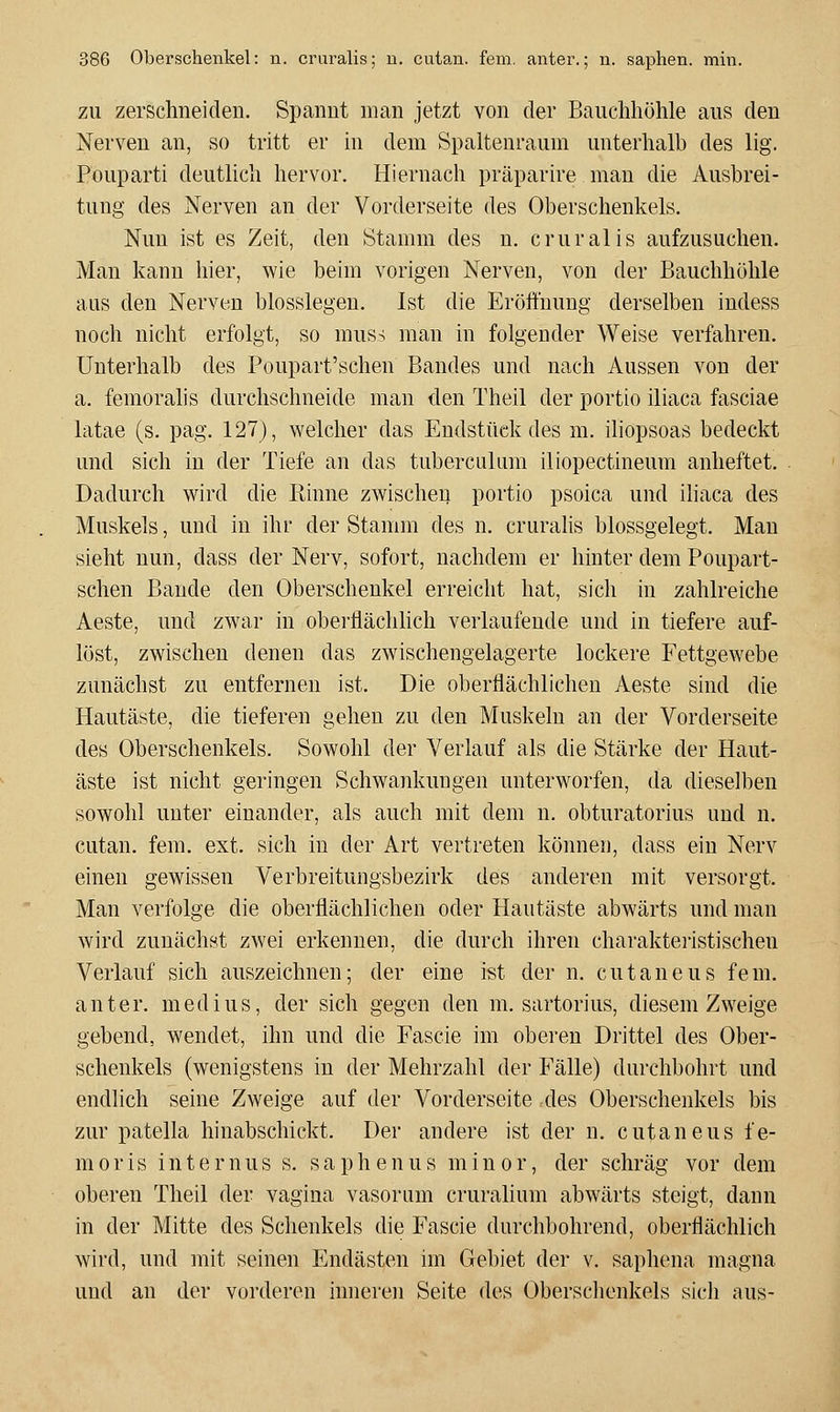 ZU zerschneiden. Spannt man jetzt von der Bauchhöhle aus den Nerven an, so tritt er in dem Spaltenraum unterhalb des lig. Pouparti deutlich hervor. Hiernach präparire mau die Ausbrei- tung des Nerven an der Vorderseite des Oberschenkels. Nun ist es Zeit, den Stamm des n. cruralis aufzusuchen. Man kann hier, wie beim vorigen Nerven, von der Bauchhöhle aus den Nerven biossiegen. Ist die Eröffnung derselben indess noch nicht erfolgt, so muss man in folgender Weise verfahren. Unterhalb des Poupart'schen Bandes und nach Aussen von der a. femoralis durchschneide man den Theil der portio iliaca fasciae latae (s. pag. 127), welcher das Endstück des m. iliopsoas bedeckt und sich in der Tiefe an das tuberculiim iliopectineum anheftet. Dadurch wird die Rinne zwischen portio psoica und iliaca des Muskels, und in ihr der Stamm des n. cruralis blossgelegt. Man sieht nun, dass der Nerv, sofort, nachdem er hinter dem Poupart- schen Baude den Oberschenkel erreicht hat, sich in zahlreiche Aeste, und zwar in oberflächlich verlaufende und in tiefere auf- löst, zwischen denen das zwischengelagerte lockere Fettgewebe zunächst zu entfernen ist. Die oberflächlichen Aeste sind die Hautäste, die tieferen gehen zu den Muskeln an der Vorderseite des Oberschenkels. Sowohl der Verlauf als die Stärke der Haut- äste ist nicht geringen Schwankungen unterworfen, da dieselben sowohl unter einander, als auch mit dem n. obturatorius und n. cutan. fem. ext. sich in der Art vertreten können, dass ein Nerv einen gewissen Verbreitungsbezirk des anderen mit versorgt. Man verfolge die oberflächlichen oder Hautäste abwärts und man wird zunächst zwei erkennen, die durch ihren charakteristischen Verlauf sich auszeichnen; der eine ist der n. cutaneus fem. anter. med ins, der sich gegen den m. sartorius, diesem Zweige gebend, wendet, ihn und die Fascie im oberen Drittel des Ober- schenkels (wenigstens in der Mehrzahl der Fälle) durchbohrt und endlich seine Zweige auf der Vorderseite des Oberschenkels bis zur patella hinabschickt. Der andere ist der n. cutaneus fe- m 0 r i s i n t e r n u s s. s a p h e n u s minor, der schräg vor dem oberen Theil der vagina vasorum cruralium abwärts steigt, dann in der Mitte des Schenkels die Fascie durchbohrend, oberflächlich wird, und mit seinen Endästen im Gebiet der v. saphena magna und an der vorderen inneren Seite des Oberschenkels sich aus-