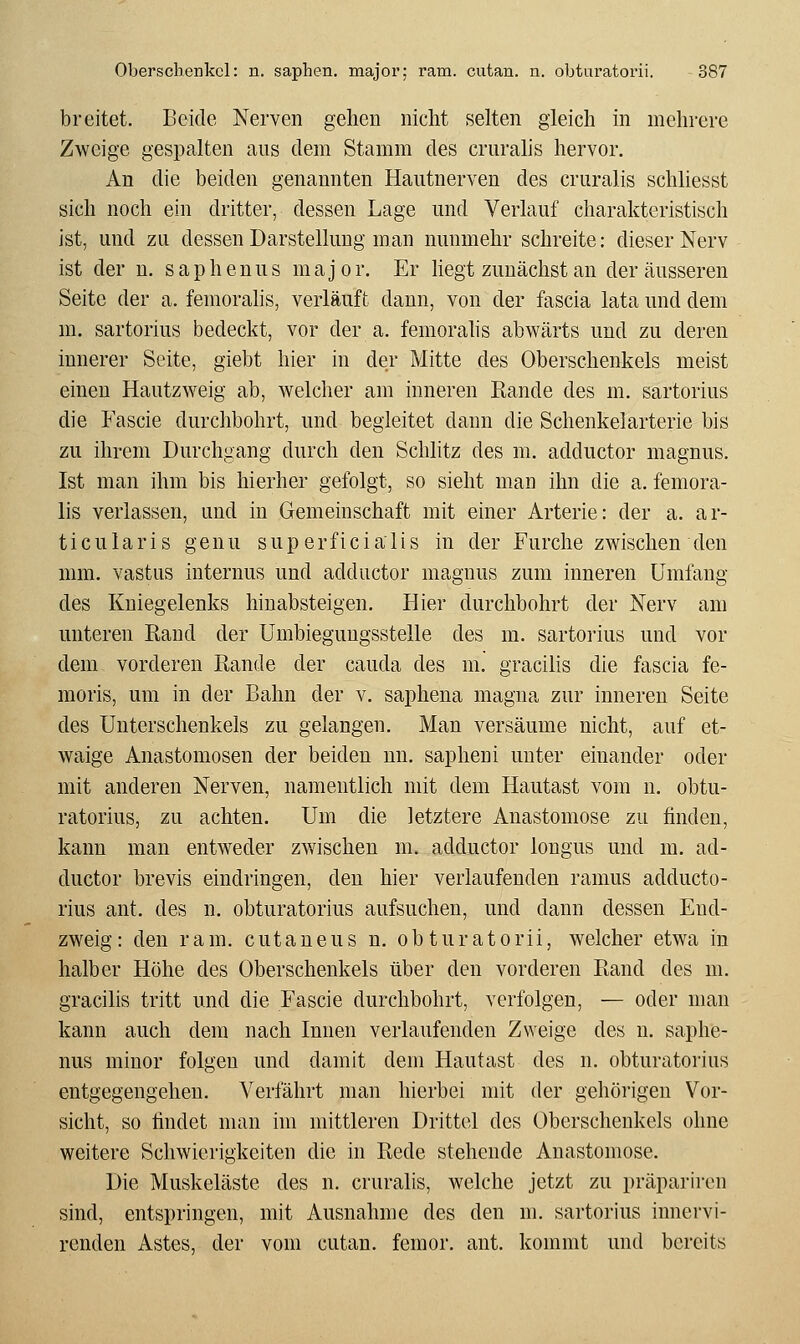breitet. Beide Nerven gehen nicht selten gleich in mehrere Zweige gespalten aus dem Stamm des cruralis hervor. An die beiden genannten Hautnerven des cruralis schliesst sich noch ein dritter, dessen Lage und Verlauf charakteristisch ist, und zu dessen Darstellung man nunmehr schreite: dieser Nerv ist der u. saphenus major. Er liegt zunächst an der äusseren Seite der a. femoralis, verläuft dann, von der fascia lata und dem m. sartorius bedeckt, vor der a. femorahs abwärts und zu deren innerer Seite, giebt hier in der Mitte des Oberschenkels meist einen Hautzweig ab, welcher am inneren Rande des m. sartorius die Fascie durchbohrt, und begleitet dann die Schenkelarterie bis zu ihrem Durchgang durch den Schlitz des m. adductor magnus. Ist man ihm bis hierher gefolgt, so sieht man ihn die a. femora- lis verlassen, und in Gemeinschaft mit einer Arterie: der a. ar- ticularis genu superficialis in der Furche zwischen den mm. vastus internus und adductor magnus zum inneren Umfang des Kniegelenks hinabsteigen. Hier durchbohrt der Nerv am unteren Rand der Umbiegungsstelle des m. sartorius und vor dem vorderen Rande der cauda des m. gracilis die fascia fe- moris, um in der Bahn der v. saphena magna zur inneren Seite des Unterschenkels zu gelangen. Man versäume nicht, auf et- waige Anastomosen der beiden un. sapheni unter einander oder mit anderen Nerven, namentlich mit dem Hautast vom n. obtu- ratorius, zu achten. Um die letztere Anastomose zu finden, kann man entweder zwischen m. adductor lougus und m. ad- ductor brevis eindringen, den hier verlaufenden ramus adducto- rius ant. des n. obturatorius aufsuchen, und dann dessen Eud- zweig: den ram. cutaneus n, obturatorii, welcher etwa in halber Höhe des Oberschenkels über den vorderen Rand des m. gracilis tritt und die Fascie durchbohrt, verfolgen, — oder man kann auch dem nach Innen verlaufenden Zweige des n. saphe- nus minor folgen und damit dem Hautast des n. obturatorius entgegengehen. Verfährt man hierbei mit der gehörigen Vor- sicht, so findet man im mittleren Drittel des Oberschenkels ohne weitere Schwierigkeiten die in Rede stehende Anastomose. Die Muskeläste des n. cruralis, welche jetzt zu präpariren sind, entspringen, mit Ausnahme des den m. sartorius innervi- renden Astes, der vom cutan. femor. ant. kommt und bereits