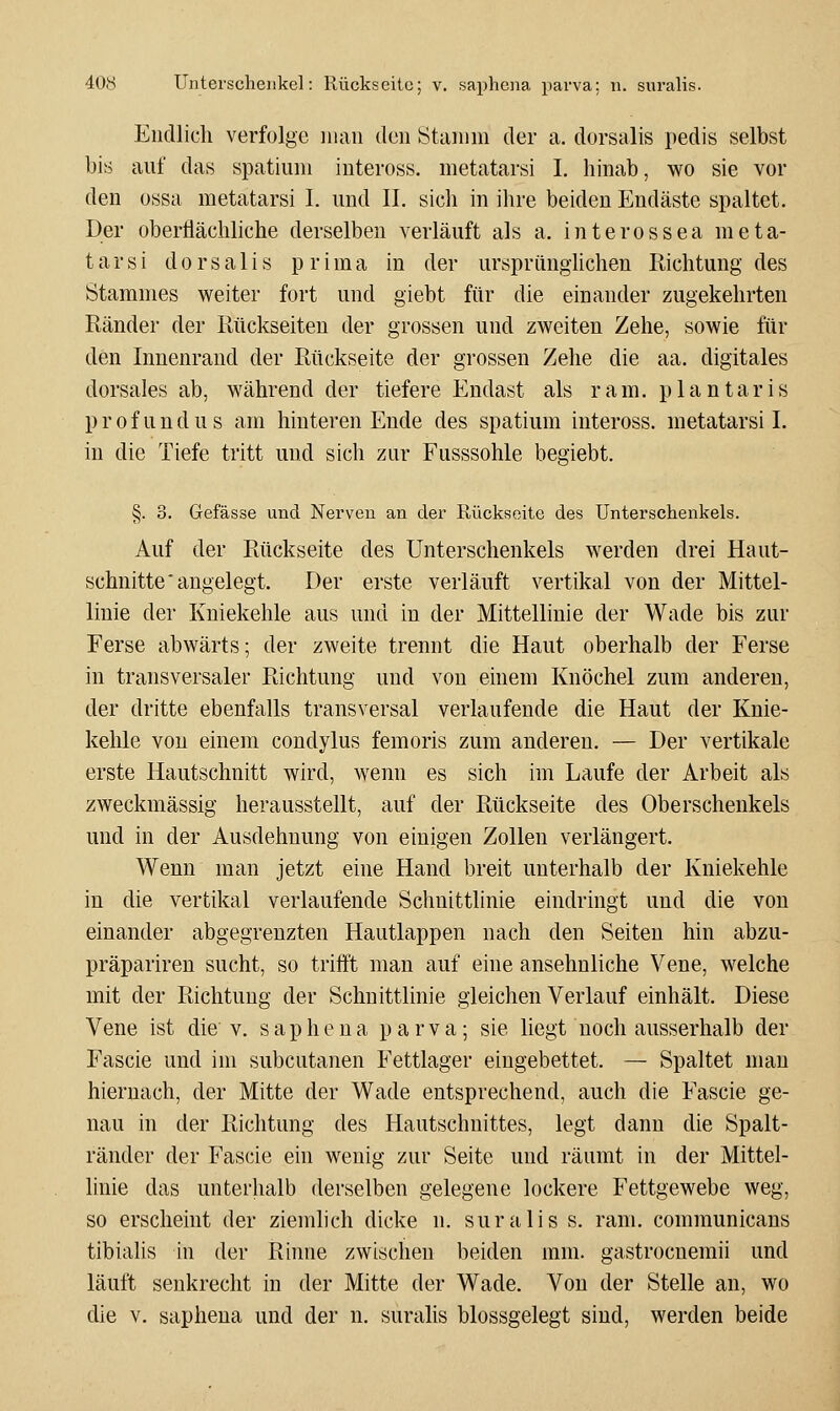 Endlich verfolge luaii den Stamm der a. dorsalis pedis selbst bis auf das spatium iuteross. metatarsi L hinab, wo sie vor den ossa metatarsi I. und IL sich in ihre beiden Endäste spaltet. Der oberflächliche derselben verläuft als a. interossea meta- tarsi dorsalis prima in der ursprünglichen Richtung des Stammes weiter fort und giebt für die einander zugekehrten Ränder der Rückseiten der grossen und zweiten Zehe, sowie für den Innenrand der Rückseite der grossen Zehe die aa. digitales dorsales ab, während der tiefere Endast als ram. plantaris profundus am hinteren Ende des spatium inteross. metatarsi I. in die Tiefe tritt und sich zur Fusssohle begiebt. §. 3. Gefässe und Nerven an der Rückseite des Unterschenkels. Auf der Rückseite des Unterschenkels werden drei Haut- schnitte'angelegt. Der erste verläuft vertikal von der Mittel- linie der Kniekehle aus und in der Mittellinie der Wade bis zur Ferse abwärts; der zweite trennt die Haut oberhalb der Ferse in transversaler Richtung und von einem Knöchel zum anderen, der dritte ebenfalls transversal verlaufende die Haut der Knie- kehle von einem condylus femoris zum anderen. — Der vertikale erste Hautschnitt wird, wenn es sich im Laufe der Arbeit als zweckmässig herausstellt, auf der Rückseite des Oberschenkels und in der Ausdehnung von einigen Zollen verlängert. Wenn man jetzt eine Hand breit unterhalb der Kniekehle in die vertikal verlaufende Schnittlinie eindringt und die von einander abgegrenzten Hautlappen nach den Seiten hin abzu- präparireu sucht, so trifft man auf eine ansehnliche Vene, welche mit der Richtung der Schnittlinie gleichen Verlauf einhält. Diese Vene ist die v. saphena parva; sie liegt noch ausserhalb der Fascie und im subcutanen Fettlager eingebettet. — Spaltet man hiernach, der Mitte der Wade entsprechend, auch die Fascie ge- nau in der Richtimg des Hautschnittes, legt dann die Spalt- ränder der Fascie ein wenig zur Seite und räumt in der Mittel- linie das unterhalb derselben gelegene lockere Fettgewebe weg, so erscheint der ziemlich dicke n. suralis s. rani. comraunicans tibialis in der Rinne zwischen beiden mm. gastrocneraii und läuft senkrecht in der Mitte der Wade. Von der Stelle an, wo die v. saphena und der n. suralis blossgelegt sind, werden beide