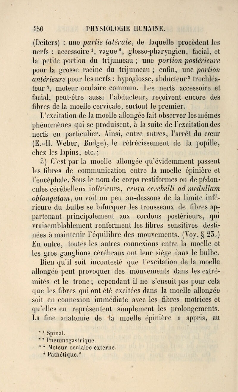(Deiters) : une partie later ale, de laquelle proeedent les nerfs : accessoire1, vague2, glosso-pharyngien, facial, et la petite portion du trijumeau ; une portion posierieure pour la grosse racine du trijumeau ; enfm, une portion anterieure pour les nerfs : hypoglosse, abducteur3 trochlea- teur4, moteur oculaire commun. Les nerfs accessoire et facial, peut-etre aussi l'abducteur, recoivent encore des fibres de la moelle cervicale, surtout le premier. L'excitation de la moelle allongee fait observer lesmemes phenomenes qui se produisent, a la suite de l'excitation des nerfs en particulier. Ainsi, entre autres, l'arret du co3ur (E.-H. Weber, Budge), le retrecissement de la pupille, chez les lapins, etc.; 5) G'est par la moelle allongee qu'evidemment passent les fibres de communication entre la moelle epiniere et l'encephale. Sous le nom de corps restiformes ou de pedon- cules cerebelleux inferieurs, crura cerebelli admedullam oblongatam, on voit un peu au-dessous de la limit e infe- rieure du buibe se bifurquer les trousseaux de fibres ap- partenant principalement aux cordons posterieurs, qui vraisemblablement renferment les fibres sensitives desti- nees amaintenir Tequilibre des mouvements. (Voy. § 25.) En outre, toutes les autres connexions entre la moelle et les gros ganglions cerebraux ont leur siege dans le bulbe. Bien qu'il soit inconteste que l'excitation de la moelle allongee peut provoquer des mouvements dans les extre- mites et le tronc; cependant il ne s'ensuit pas pour cela que les fibres qui ont ete excitees dans la moelle allongee soit en connexion immediate avec les fibres motrices et qu'elles en representent simplement les prolongements. La fine anatomie de la moelle epiniere a appris, au *l Spinal. *2 Pueumogastrique. * 3 Moteur oculaire externe. i Pathetique.*
