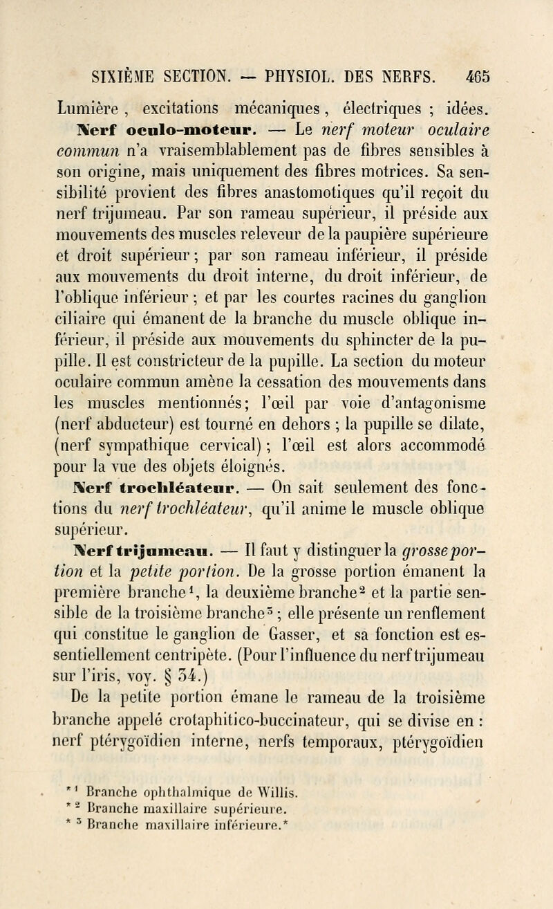 Lumiere , excitations meeaniques, electriques ; idees. ]\erf oculo-moteur. — Le nerf moteur oculaire commun n'a vraisemblablement pas de fibres sensibles a son origine, mais uniquement des fibres motrices. Sa sen- sibilite provient des fibres anastomotiques qu'il recoit dn nerf trijumeau. Par son rameau superieur, il preside aux mouvements des muscles releveur de la paupiere superieure et droit superieur; par son rameau inferieur, il preside aux mouvements du droit interne, du droit inferieur, de Poblique inferieur ; et par les courtes racines du ganglion ciliaire qui emanent de la branche du muscle oblique in- ferieur, il preside aux mouvements du sphincter de la pu- pille. II est constricteur de la pupille. La section du moteur oculaire commun amene la cessation des mouvements dans les muscles mentionnes; Fceil par voie d'antagonisme (nerf abducteur) est tourne en dehors ; la pupille se dilate, (nerf sympathique cervical); l'ceil est alors accommode pour la vue des objets eloignes. I\erf trochlea tern*. — On sait seulement des fonc- tions du nerf irochleateur, qu'il anime le muscle oblique superieur. Nerf trijumeau. — II faut y distinguerla grossepor- tion et la petite portion. De la grosse portion emanent la premiere branche1, la deuxieme branche2 et la partie sen- sible de la troisieine branche3; elle presente un renflement qui constitue le ganglion de Gasser, et sa fonction est es- sentiellement centripete. (Pour l'influence du nerf trijumeau sur l'iris, voy. § 54.) De la petite portion emane le rameau de la troisieme branche appele crotaphitico-buccinateur, qui se divise en : nerf pterygoidien interne, nerfs temporaux, pterygoidien '' Branche ophthalmique do Willis. *2 Branche raaxillairc superieure. * 3 Branclie maxillaire infi'rieure.*