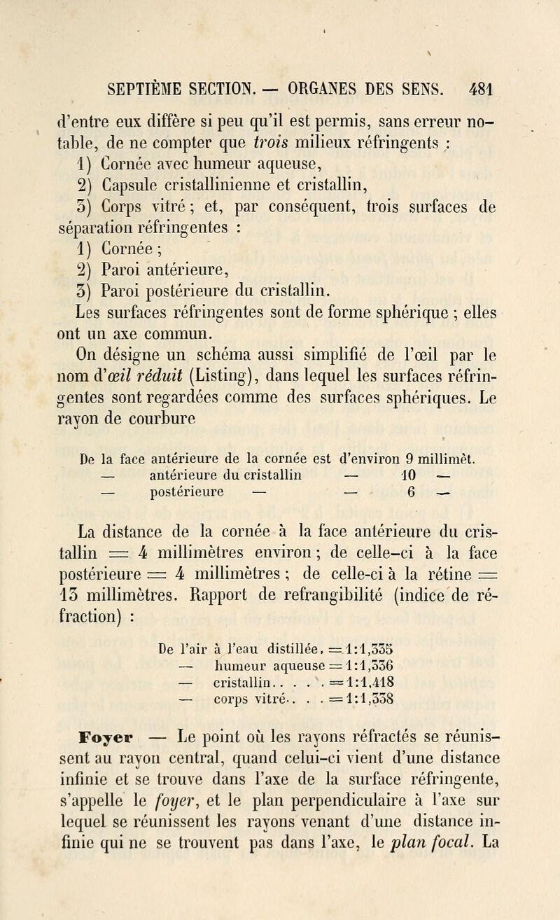 d'entre eux differe si peu qu'il est permis, sans erreur no- table, de ne compter que trots milieux refringents : 1) Cornee avec humeur aqueuse, 2) Capsule cristallinienne et cristallin, 5) Corps vitre; et, par consequent, trois surfaces de separation refringentes : 1) Cornee; 2) Paroi anterieure, 3) Paroi posterieure du cristallin. Les surfaces refringentes sont de forme spherique ; elles ont un axe commun. On designe un schema aussi simplifie de l'oeil par le nom d'cez7 redidt (Listing), dans lequel les surfaces refrin- gentes sont regardees comrae des surfaces spheriques. Le rayon de courbure De la face anterieure de la cornee est d'environ 9 millimet. — anterieure du cristallin — 10 — — posterieure — — 6 — La distance de la cornee a la face anterieure du cris- tallin == 4 millimetres environ; de celle-ci a la face posterieure = 4 millimetres ; de celle-ci a la retine = 13 millimetres. Rapport de refrangibilite (indice de re- fraction) : De l'air a l'eau distillee,—1:4,335 — humeur aqueuse = 1:1,536 — cristallin =1:1,418 — corps vitre.. . .=1:1,338 Foyer — Le point ou les rayons refractes se reunis- sent au rayon central, quand celui-ci vient d'une distance infinie et se trouve dans l'axe de la surface refringente, s'appelle le foijer, et le plan perpendiculaire a l'axe sur lequel se reunissent les rayons venant d'une distance in- finie qui ne se trouvent pas dans l'axe, le plan focal. La