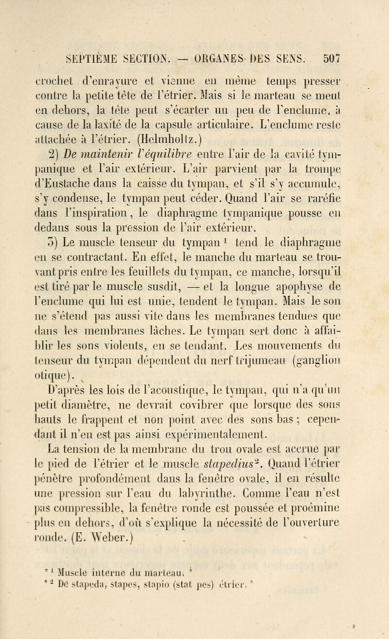 crochet d'enrayure et yisnne eii irieme temps pressor contre la petite tete de l'etrier. Mais si le marteau se meal en dehors, la tete peut s'ecarter im pen de Fenclume, a cause de la laxite de la capsule articulaire. L'enclume reste attachee a l'etrier. (Helmhollz.) 2) De maintenir Vequilibre entre L'air de la cavite tyni- panique et l'air exterieur. L'air parvient par la trompe d'Eustache dans la caisse du tympan, et s'il s'y accumule, s'y condense, le tympan peut ceder. Quand l'air se rarefie dans l'inspiration, le diaphragme tympanique pousse en dedans sous la pression de l'air exterieur. 5) Le muscle tenseur du tympan ! tend le diaphragme en se contractant. En efiet, le manche du marteau se trou- vantpris entre les feuillets du tympan, ce manche, lorsqu'il est tire par le muscle susdit, — et la longue apophyse de renclunie qui lui est unie, tendent le tympan. Mais le son ne s'etend pas aussi vite dans les membranes tendues que dans les membranes laches. Le tympan sert done a affai- blir les sons violents, en se tendant. Les mouvements du tenseur du tympan dependent du nerf trijumeau (ganglion olique). D'apres les lois de l'acoustique, le tympan, qui n'a qu'uu petit diametre, ne devrait covibrer que lorsque des sons hauts le frappent et non point avec des sons bas ; cepen- dant il n'en est pas ainsi experimentalement. La tension de la membrane du trou ovale est accrue par le pied de l'etrier et le muscle stapedius*. Quand l'etrier penetre profondement dans la ienetre ovale, il en resullc une pression sur l'eau du labyrinthe. Comme l'eau n'est pas compressible, la fenetre ronde est poussee et proemine plus en dehors, d'oii s'explique la necessite de l'ouverture ronde. (E. Weber.) *' Muscle interne du marteau. * *'- De stapeda, stapes, stapio (stat pes) ruler. *