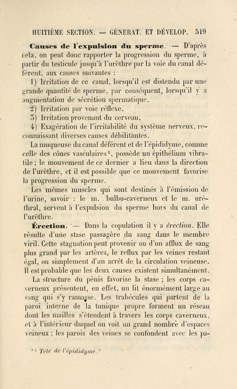 Causes de l'expulsion du sperme, — D'apres cela, on peut done rapporter la progression du sperme, a partir du testicule jusqu'a l'urethre par la voie du canal de- ferent, aux causes suivantes : 1) Irritation de ce canal, lorsqu'il est distendu par une grande quantite de sperme, par consequent, lorsqu'il y a augmentation de secretion spermatique, 2) Irritation par voie reflexe, 5) Irritation provenant du cerveau, 4) Exageration de l'irritabilite du systeme nerveux, re- connaissant diverses causes debilitantes. La muqueuse du canal deferent et de l'epididyme, comme celle des cones vasculaires1, possede un epithelium vibra- tile; le mouvement de ce dernier a lieu dans la direction de l'urethre, et il est possible que ce mouvement favorise la progression du sperme. Les memes muscles qui sont destines a remission de 1'urine, savoir : le m. bulbo-caverneux et le m. ure- thral, servent a l'expulsion du sperme hors du canal de l'urethre. Erection. — Dans la copulation il y a erection. Elle resulte d'une stase passagere du sang dans le membre viril. Cette stagnation peut provenir ou d'un afflux de sang plus grand par les arteres, le reflux par les veines restant egal, ou simplement d'un arret de la circulation veineuse. II est probable que les deux causes existent simultanement. La structure du penis favorise la stase ; les corps ca- verneux presentent, en effet, un lit enormement large au snng qui s'y rama^se. Les trabecules qui partenl de la paroi interne de la tunique propre forment un reseau dont les inailles s'etendent a travers les corps caverneux, et a l'interieur duquel on voit un grand nombre d'espaces veineux ; les parois des veines se confondent avec les pa- r i feie de l'epididyme. '