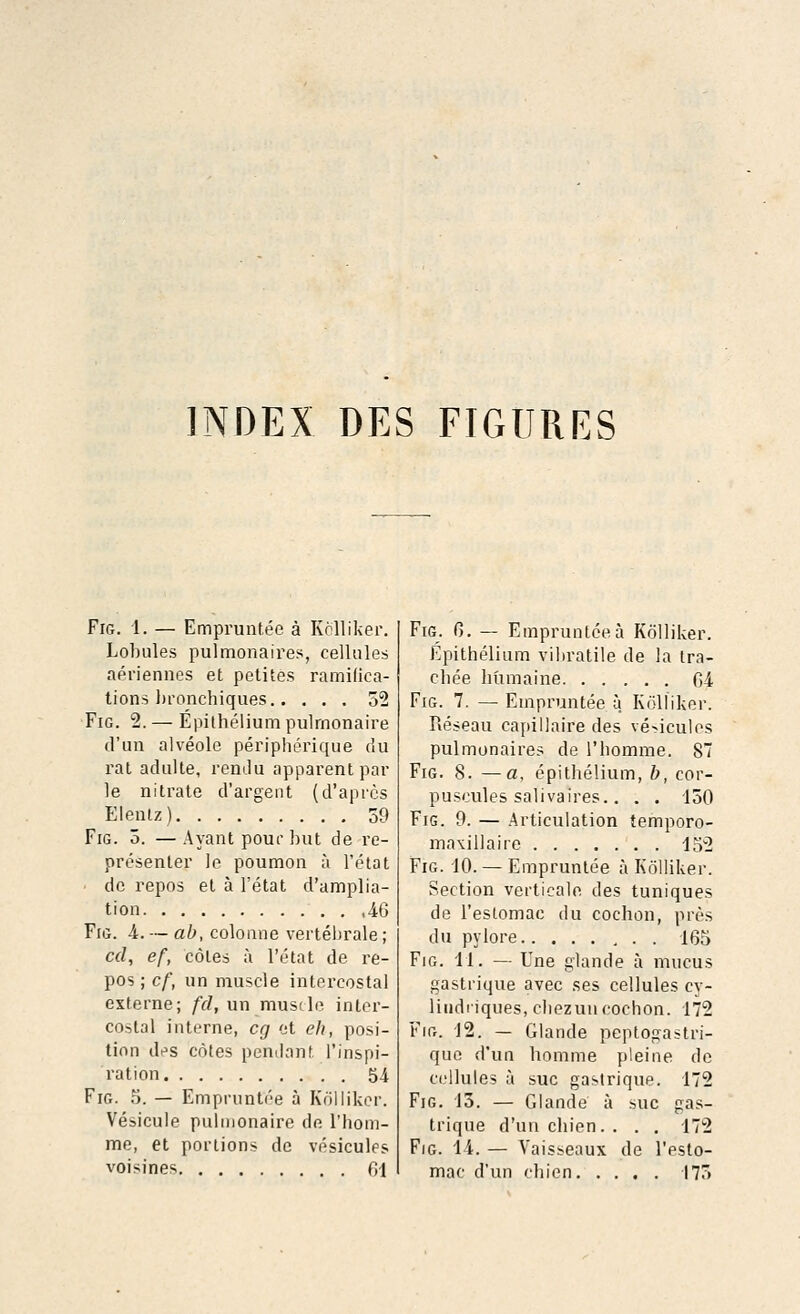 INDEX DES FIGURES Fig. 1. — Empruntee a Kolliker. Lobules pulmonaires, cellules aeriennes et petites ramifica- tions bronchiques 52 Fig. 2.— Epithelium pulrnonaire d'un alveole peripherique du rat adulte, rendu apparent par le nitrate d'argent (d'aprcs Elentz) 50 Fig. 5. — Ayant pour but de re- presenter le poumon a l'etat do repos el a l'etat d'amplia- tion ,46 Fig. 4. — ab, colonne vertebrale; cd, ef, coles a l'etat de re- pos ; cf, un muscle intercostal externe; fcl, un muscle, inter- costal interne, eg «t eh, posi- tion des cotes pendant, ['inspi- ration 54 Fig. 5. — Empruntee a Kolliker. Vesicule pulrnonaire de. l'hom- me, et portions de vesicules voisines CA Fig. 0. — Empruntee a Kolliker. Epithelium vihratile de la tra- cbee humaine 04 Fig. 7. — Empruntee a Kolliker. Reseau capillaire des veSiculos pulmonaires de l'homme. 87 Fig. 8. —a, epithelium, b, cor- puseules salivaires.. . . 150 Fig. 9. — Articulation temporo- maxillaire 152 Fig. 10. — Empruntee a Kolliker. Section verticale. des tuniques de l'estomac du cochon, pres du pylore 165 Fig. 11. — Une glande a mucus gastrique avec ses cellules cy- lindriques, cliezuu cochon. 172 Fig. 12. — Glande peplogastri- quo d'un homme pleine de cellules a sue gastrique. 172 Fig. 15. — Glande a sue gas- trique d'un chien. . . . 172 Fig. 14. — Vaisseaux de l'esto- mac d'un chien 175