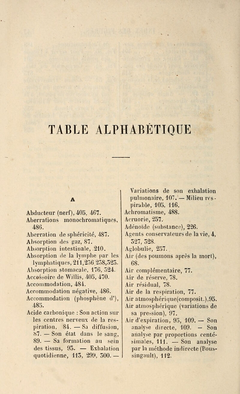 TABLE ALPHABETIQUE Abducteur (nerf), 405, 467. Aberrations monochromatiques, 486. Aberration de sphericite, 487. Absorption des gaz, 87. Absorption intestinale, 210. Absorption de la lymphe par les lymphatiques, 211,236,238,523. Absorption stomacale, 176, 524. Accessoire de Willis, 405, 470. Accommodation, 484. Accommodation negative, 486. Accommodation (phosphene d'), 485. Acide carbonique : Son action sur les centres nerveux de la res- piration, 84. — Sa diffusion, <S7. — Son etat dans le sang, 89. — Sa formation au sein des tissus, 95. — Exhalation quotidienne, 113, 299, 300. — Variations de son exhalation pulmonaire, 107. — Milieu rcs- pirable, 105, 116. Achromatisme, 488. Acruorie, 257. Adeno'ide (substance), 226. Agents conservateurs de la vie, 4, 527, 528. Aglobulie, 257. Air (des poumons apres la mort), 68. Air complementaire, 77. Air de reserve, 78. Air residual, 78. Air de la respiration, 77. Air atmospherique(composit.),95. Air atmospherique (variations de sa predion), 97. Air d'expiration, 95, 109. — Son analyse directe, 109. — Son analyse par proportions cente- simales, 111. — Son analyse par la methode indirecte (Bous- singault), 112.