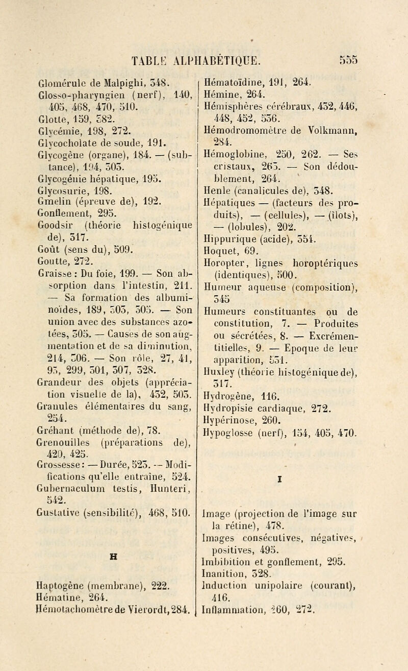Glomerule de Malpighi, 548. Glosso-pharyngien (nerf), 1-40, 405, 468, 470, 510. Glotle, 159, 382. Glvcemie, 198, 272. Glycocholate de soude, 191. Glycogene (organe), 184. — (sub- tance), 194, 305. Glycogenic hepatique, 195. Glycosurie, 198. Gmelin (epreuve de), 192. Gontlement, 295. Goodsir (theorie hislogenique de), 517. Gout (sens du), 509. Goutte, 272. Graisse: Du foie, 199. — Son ab- sorption dans l'intestin, 211. — Sa formation des albumi- noides, 189, 505, 505. — Son union avec des substances azo- tees, 505. — Causes de son aug- mentation et de ^a diminution, 214, 306. — Son role, 27, 41, 95, 299, 501, 507, 528. Grandeur des objets (apprecia- tion visuelie de la), 452, 505. Granules elementaires du sang, 254. Grehant (methode de), 78. Grenouilles (preparations de), 420, 425. Grossesse: — Dur£e, 525. — Modi- fications qu'elle entraine, 524. Gubernaculum testis, Hunteri, 542. Gustative (sensibilile), 468, 510. Haptogene (membrane), 222. Hematine, 264. Hemotacliometrede Yierordt,284. Hematoidine, 191, 264. Hemine, 264. Hemispheres cerebraux, 432, 446, 448, 452, 556. Hemodromometre de Volkmann, 284. Hemoglobine, 250, 262. — Se> cristaux, 265. — Son dedou- blement, 264. Henle (canalicules de), 548. Hepatiques — (facteurs des pro- duits), — (cellule*), — (ilots), — (lobules), 202. Hippurique (acide), 554. Hoquet, 69. Horopter, lignes horopteriques (identiques), 500. Humeur aqueuse (composition), 545 Humeurs constituantes ou de constitution, 7. — Produites ou secretees, 8. — Excremen- titielles, 9. — Epoque de leur apparition, 551. Huxley (theorie histogeniquede), 517. Hydrogene, 116. Hydropisie cardiaque, 272. Hyperinose, 260. Hypogiosse (nerf), 154, 405, 470. Image (projection de l'image sur la retine), 478. Images consecutives, negatives, positives, 495. imbibition et gonflement, 295. Inanition, 528. Induction unipolaire (courant), 416. Inflammation, i60, 272.