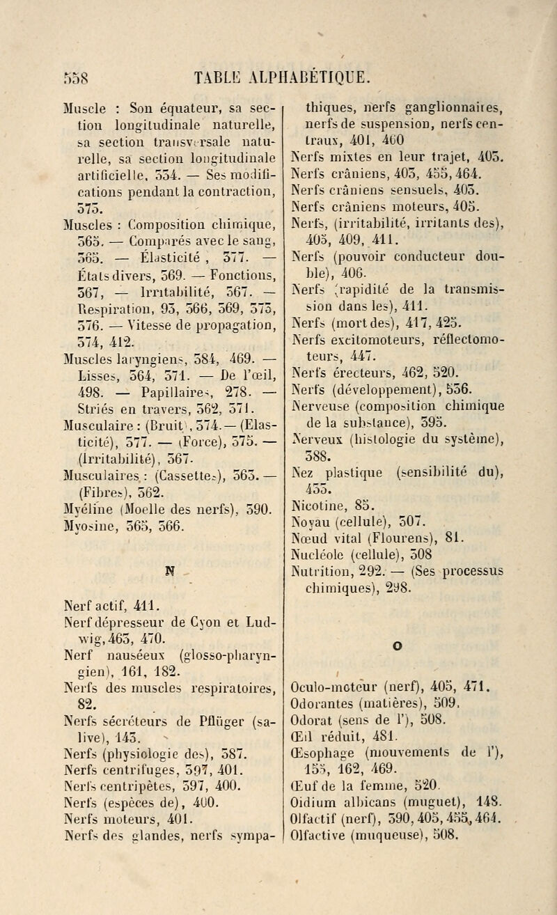 Muscle : Son equateur, sa sec- tion longiludinale naturelle, sa section transviTsalc natu- relle, sa section longitudinale artificielle. 554. — Ses modiii- cations pendant la contraction, 575. Muscles : Composition cliirnique, 565. — Compares avecle sang, 565. — Eldsticite , 577. — Etals divers, 569. — Fonctions, 567, — Irritabilite, 567. — Respiration, 95, 566, 569, 573, 576. — Vitesse de pi-opagation, 574, 412. Muscles laryngiens, 584, 469. — Lisses, 564, 571. — De l'ceil, 498. — Papillaires 278. — Stries en travers, 562, 571. Musculaire : (Bruit, 574.— (Elas- ticite), 577. — ^Force), 575. — (Irritabilite), 567. Musculaires : (Cassette?), 565.— (Fibres), 562. Myeline (Moelle des uerfs), 590. Mvosiue, 565, 566. N Nerf actif, 411. Nerf depresseur de Cyon et Lud- wig,465, 470. Nerf nauseeux (glosso-pharvn- gien), 161, 182. Nerfs des muscles respiratoires, 82. Nerfs secreteurs de Pfliiger (sa- live), 145. Nerfs (physiologie des), 587. Nerfs centrifuges, 597, 401. Nerfs centripetes, 597, 400. Nerfs (especes de), 400. Nerfs moteurs, 401. Nerfs dos glandes, nerfs sympa- thiques, nerfs ganglionnaiies, nerfs de suspension, nerfs cen- tra ux, 401, 4U0 Nerfs mixtes en leur trajet, 405. Nerfs craniens, 405, 455,464. Nerfs craniens sensuels, 405. Nerfs craniens moleurs, 405. Nerfs, (irritabilite, iiTilants des), 405, 409, 411. Nerfs (pouvoir conducteur dou- ble), 406. Nerfs (rapidite de la transmis- sion dans les), 411. Nerfs (mortdes), 417,425. Nerfs excitomoteurs, refiectomo- teurs, 447. Nerfs erecteurs, 462, 520. Nerfs (developpement), 556. Nerveuse (composition chimique de la substance), 595. Nerveux (bislologie du systeine), 588. Nez plastique (sensibilite du), 455. Nicotine, 85. Noyau (cellule), 507. Nceud vital (Flourens), 81. Nucleole (cellule), 508 Nutrition, 292. — (Ses processus cliimiques), 2tf8. Oculo-motcur (nerf), 405, 471. Odorantes (malieres), 509, Odorat (sens de 1'), 508. (Eil reduil, 4S1. CEsophage (mouvements de 1'), 155, 162, 469. (Euf de la femme, 520. Oidium albicans (muguet), 148. Olfactif (nerf), 590,405,455,464. Olfactive (muqueuse), 508.