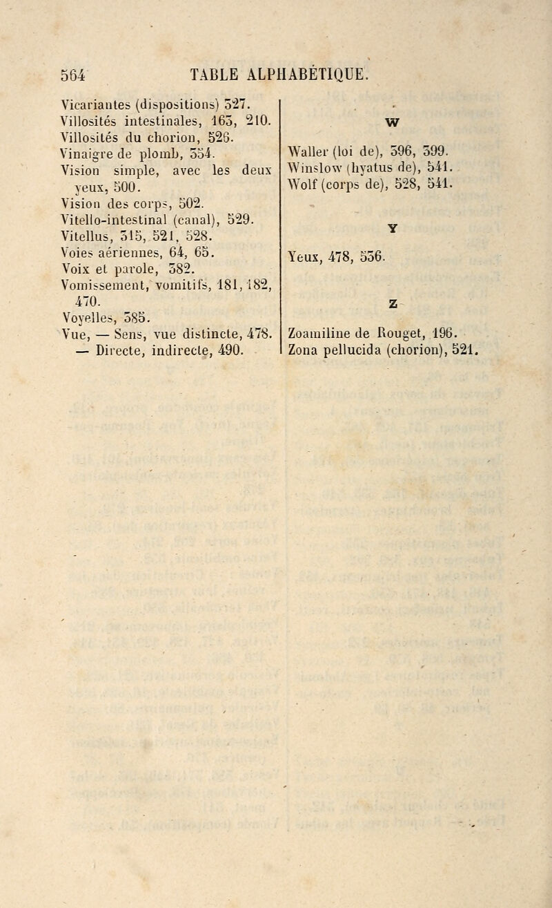 Vicariantes (dispositions) 527. Villosites intestinales, 165, 210. Villosites du chorion, 526. Vinaigre de plomb, 554. Vision simple, avec les deux yeux, 500. Vision des corps, 502. Vitello-intestinal (canal), 529. Vitellus, 515, 521, 528. Voies aeriennes, 64, 65. Voix et parole, 582. Vomissement, vornitifs, 181,182, 470. Voyelles, 585. Vue, — Sens, vue distincte, 478. — Directe, indirecle, 490. w Waller (loi de), 596, 599. Winslow (hyatus de), 541. Wolf (corps'de), 528, 541. Yeux, 478, 556. Zoainiline de Rouget, 196. Zona pellucida (chorion), 521.