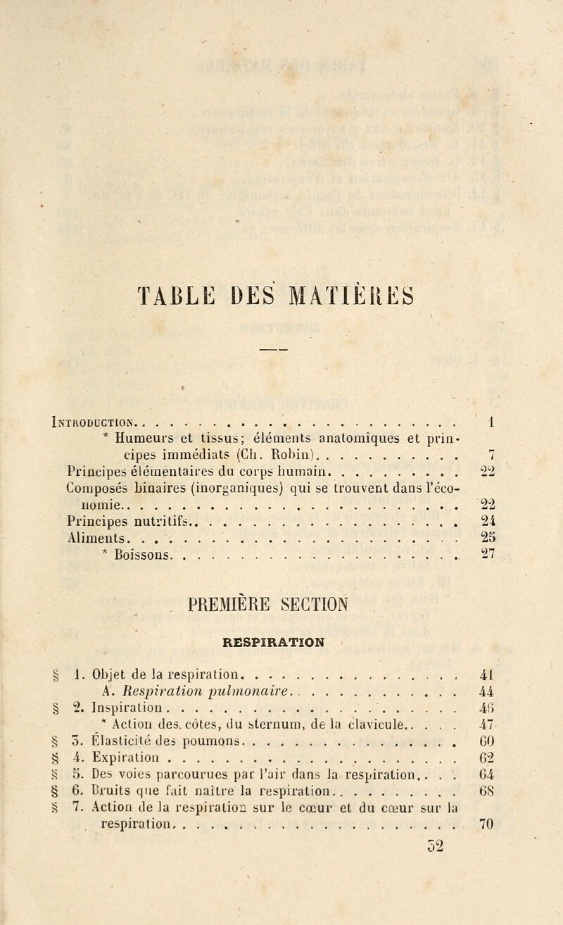 TABLE DES MATIERES Introduction I * Humeurs et tissus; elements anatomiques et prin- cipes immediats (Ch. Robin) 7 Principes elementaires du corps humain 22 Composes bioaires (inorganiques) qui se Irouvent dans 1'eco- nomic 22 Principes nutritifs 24 Aliments 25 * Boissons 27 PREMIERE SECTION RESPIRATION § 1. Objet de la respiration 41 A. Respiration pulmonaire 44 § 2. Inspiration 46 * Action des. cotes, du sternum, de la clavicule 47 § o. Elasticity des poumons GO § 4. Expiration 62 S 5. Des voies parcourucs par Pair dans Ja respiration.. . . 04 § 6. Bruits que fait naitre la respiration OS S 7. Action de la respiration sur le cccur et du couur sur la respiration 70