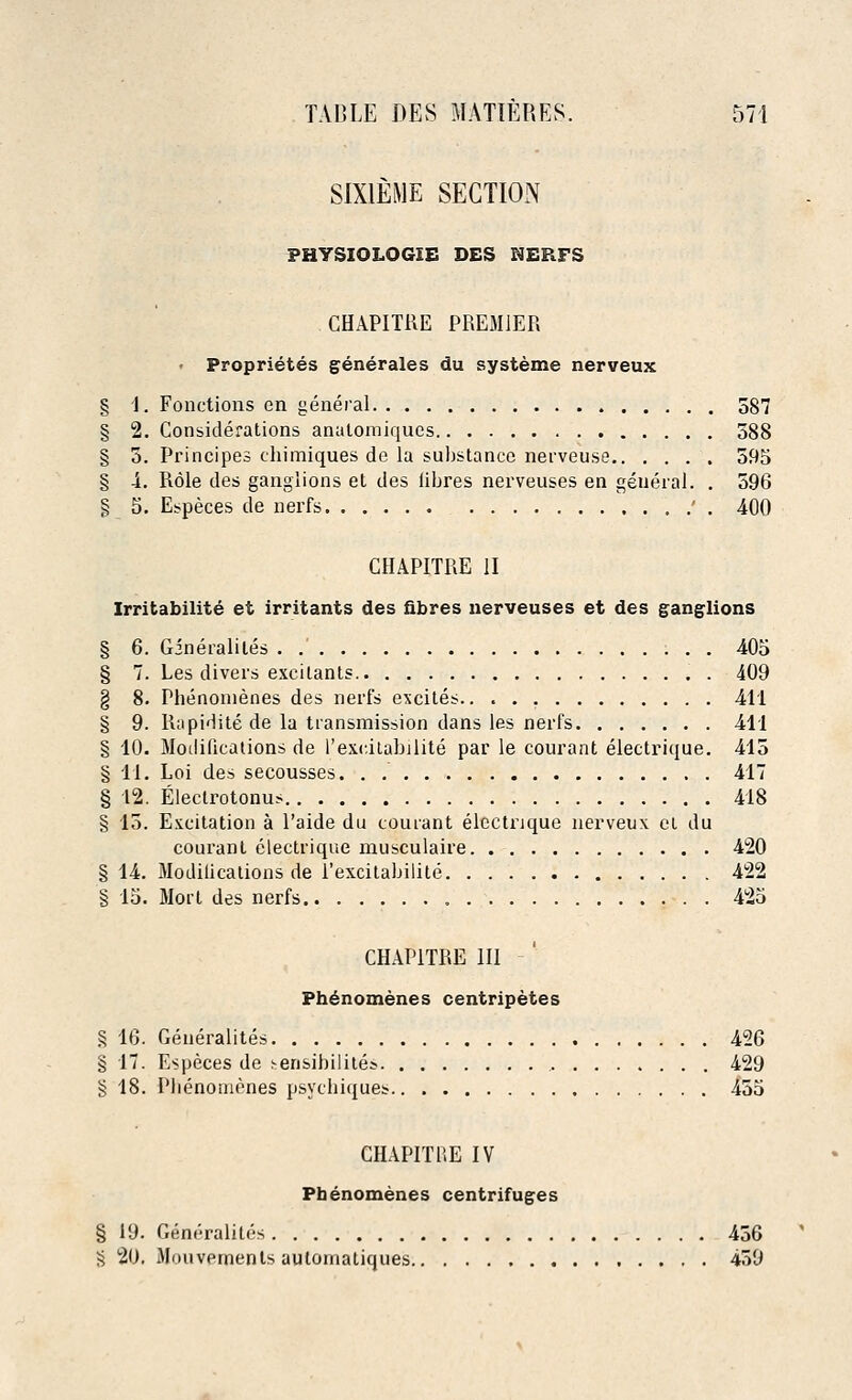 SIX1EME SECTION PHYSIOLOGIE DES KERFS CHAPITRE PREMIER - Proprieties generates du systeme nerveux § 1. Fonctions en general 587 § 2. Considerations anatomiques 388 § 3. Principes chimiques de la substance nerveuse 595 § 4. Role des ganglions et des iibres nerveuses en general. . 596 § 5. Especes de nerfs ....'. 400 CHAPITRE II Irritabilite et irritants des fibres nerveuses et des ganglions § 6. Gineralites 405 § 7. Les divers excitants 409 § 8. Phenomenes des nerfs excites.. 411 § 9. Rapidite de la transmission dans les nerfs 411 § 10. Modifications de 1'exc.itabilite par le courant electrique. 415 § 11. Loi des secousses. . 417 § 12. Electrotonus 418 § 15. Excitation a l'aide du courant electrique nerveux el du courant electrique musculaire 420 § 14. Modilications de l'excitabilite 422 § 15. Mort des nerfs 425 CHAPITRE III Phenomenes centripetes § 16. Generality 426 § 17. Especes de herisibilite* 429 § 18. Pbenomenes psyebiques 455 CHAPITRE IV Pbenomenes centrifuges § 19. Generality 456 g 20. Mouvements auloinatiques 459