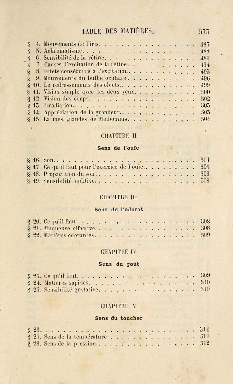§ 4. Mouvements de l'iris 487 § 5. Achromatisme 488 § 6. Sensibilite de la retine 489 § 7. Causes d'excitalion de la retine 494 § 8. Effets consecutil's a l'excitation. 495 § 9. Mouvements du bulbe'oculaire 496 § 10. Le redressements des objets 499 § 11. Vision simple'avec les deux yeux 500 § 12. Vision des corps 502 § 13. Irradiation , 505 § 14. Appreciation de la grandeur 505 § 15. Lasmes, glandes de Meibomius 504 CHAPITRE II Sens de l'oui'e § 16. Son 504 § 17. Ce qu'il faut pour l'exercice de l'ou'ie 505 § 18. Propagation du son 506 § 19. Sensibilite auditive 508 CHAPITRE III Sens de l'odorat § 20. Ce qu'il faut 508 § 21. Muqueuse olfaclive 508 § 22. Matieres odoranles 509 CHAPITRE IV Sens du gout § 23. Ce qu'il faut 509 § 24. Matieres sapiles 510 § 25. Sensibilite gustativc 510 CHAPITRE V Sens du toucher § 26 511 § 27. Sens de la temperature 511 § 28. Sens de la pres^on .' 512