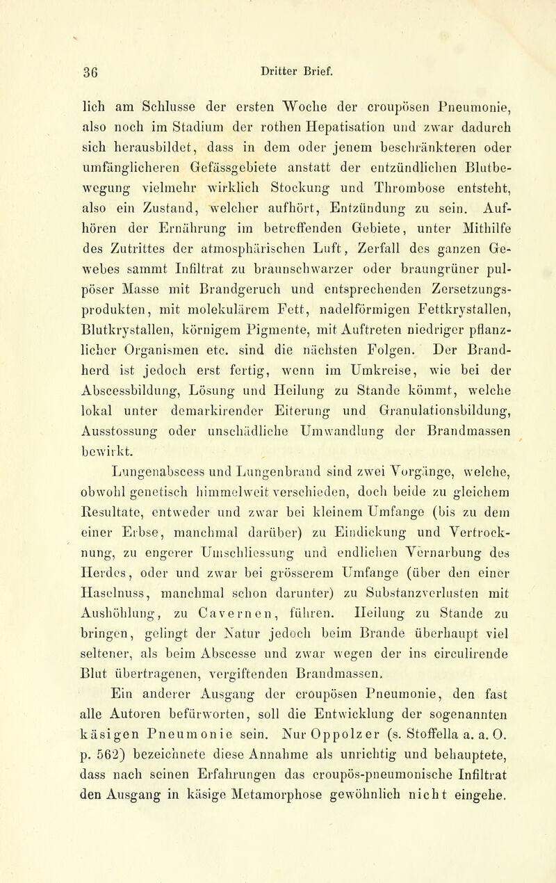 lieh am Schlüsse der ersten Woche der croupösen Pneumonie, also noch im Stadium der rothen Hepatisation und zwar dadurch sich herausbildet, dass in dem oder jenem beschränkteren oder umfänglicheren Gefässgebiete anstatt der entzündlichen Blutbe- wegung vielmehr wirklich Stockung und Thrombose entsteht, also ein Zustand, welcher aufhört, Entzündung zu sein. Auf- hören der Ernährung im betreffenden Gebiete, unter Mithilfe des Zutrittes der atmosphärischen Luft, Zerfall des ganzen Ge- webes sammt Infiltrat zu braunschwarzer oder braungrüner pul- pöser Masse mit Brandgeruch und entsprechenden Zersetzungs- produkten, mit molekularem Fett, nadeiförmigen Fettkrystallen, Blutkrystallen, körnigem Pigmente, mit Auftreten niedriger pflanz- licher Organismen etc. sind die nächsten Folgen. Der Brand- herd ist jedoch erst fertig, wenn im Umkreise, wie bei der Abscessbildung, Lösung und Heilung zu Stande kömmt, welche lokal unter demarkii-ender Eiterung und Granulationsbildung, Ausstossung oder unschädliche Umwandlung der Brandmassen bewirkt. Lungenabscess und Lungenbrand sind zwei Yurgänge, welche, obwohl genetisch himmelweit verschieden, doch beide zu gleichem Besultate, entweder und zwar bei kleinem Umfange (bis zu dem einer Eibse, manchmal darüber) zu Eindickung und Yertrock- nung, zu engerer Uuischliossung und endlichen Vernarbung des Herdes, oder und zwar bei grösserem Umfange (über den einer Haselnuss, manchmal schon darunter) zu Substanzverhisten mit Aushöhlung, zu Cavernen, führen. Heilung zu Stande zu bringen, gelingt der Natur jedoch beim Brande überhaupt viel seltener, als beim Abscesse und zwar wegen der ins circulirende Blut übertragenen, vergiftenden Brandmassen, Ein anderer Ausgang der croupösen Pneumonie, den fast alle Autoren befürworten, soll die Entwicklung der sogenannten käsigen Pneumonie sein. NurOppolzer (s. Stoffella a. a. 0. p. 562) bezeichnete diese Annahme als unrichtig und behauptete, dass nach seinen Erfahrungen das croupös-pneumonische Infiltrat den Ausgang in käsige Metamorphose gewöhnlich nicht eingehe.